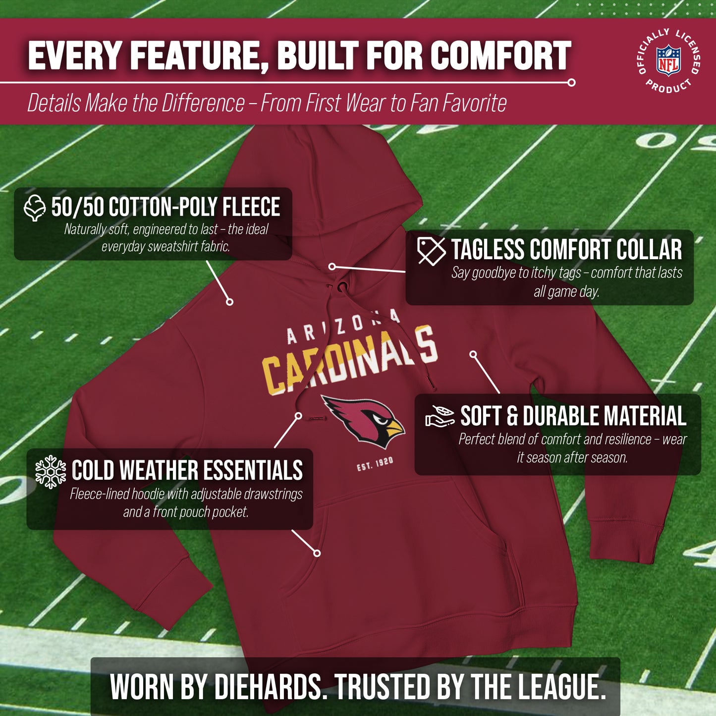 Arizona Cardinals Adult NFL Diagonal Fade Fleece Hooded Sweatshirt - Cardinal