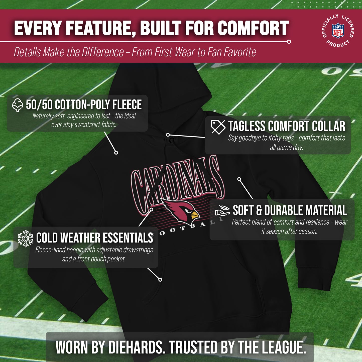 Arizona Cardinals NFL Adult Unisex Overtime Blueprint Soft Fleece Hooded Sweatshirt - Black