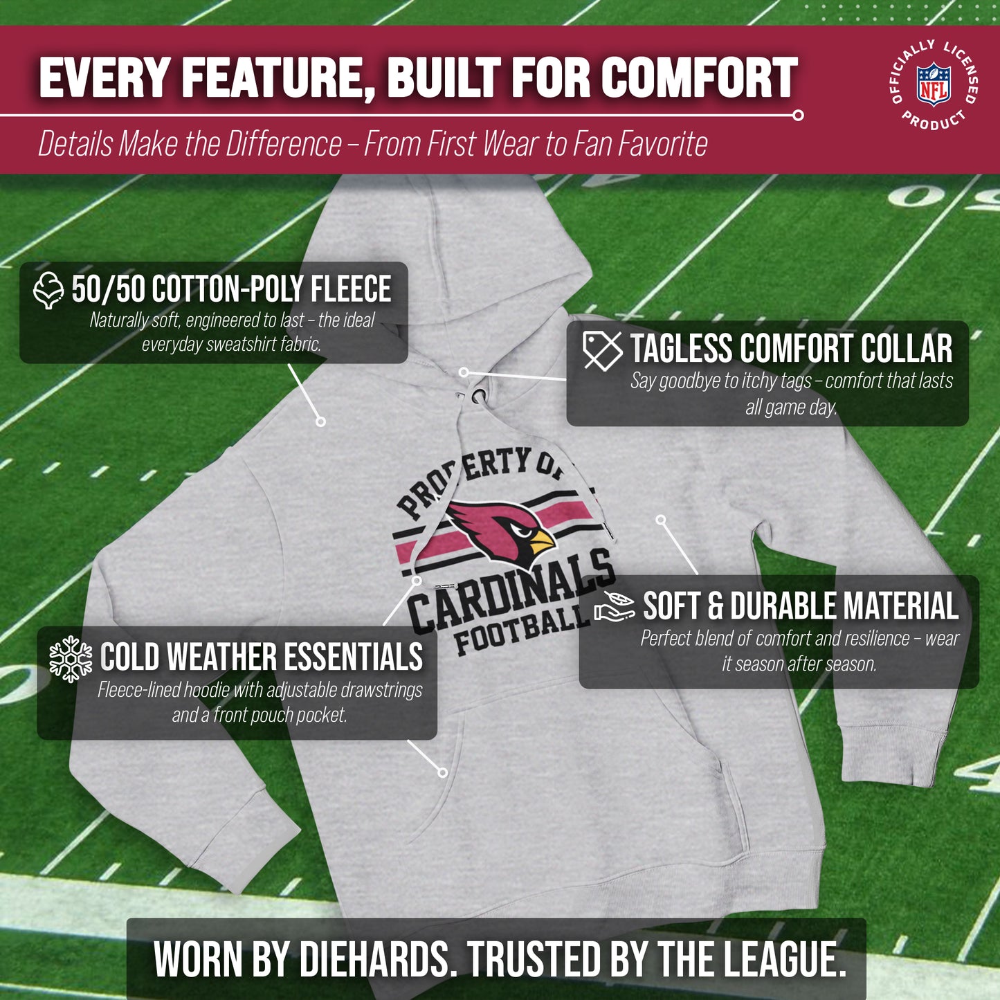 Arizona Cardinals NFL Adult Property Of Hooded Sweatshirt - Sport Gray