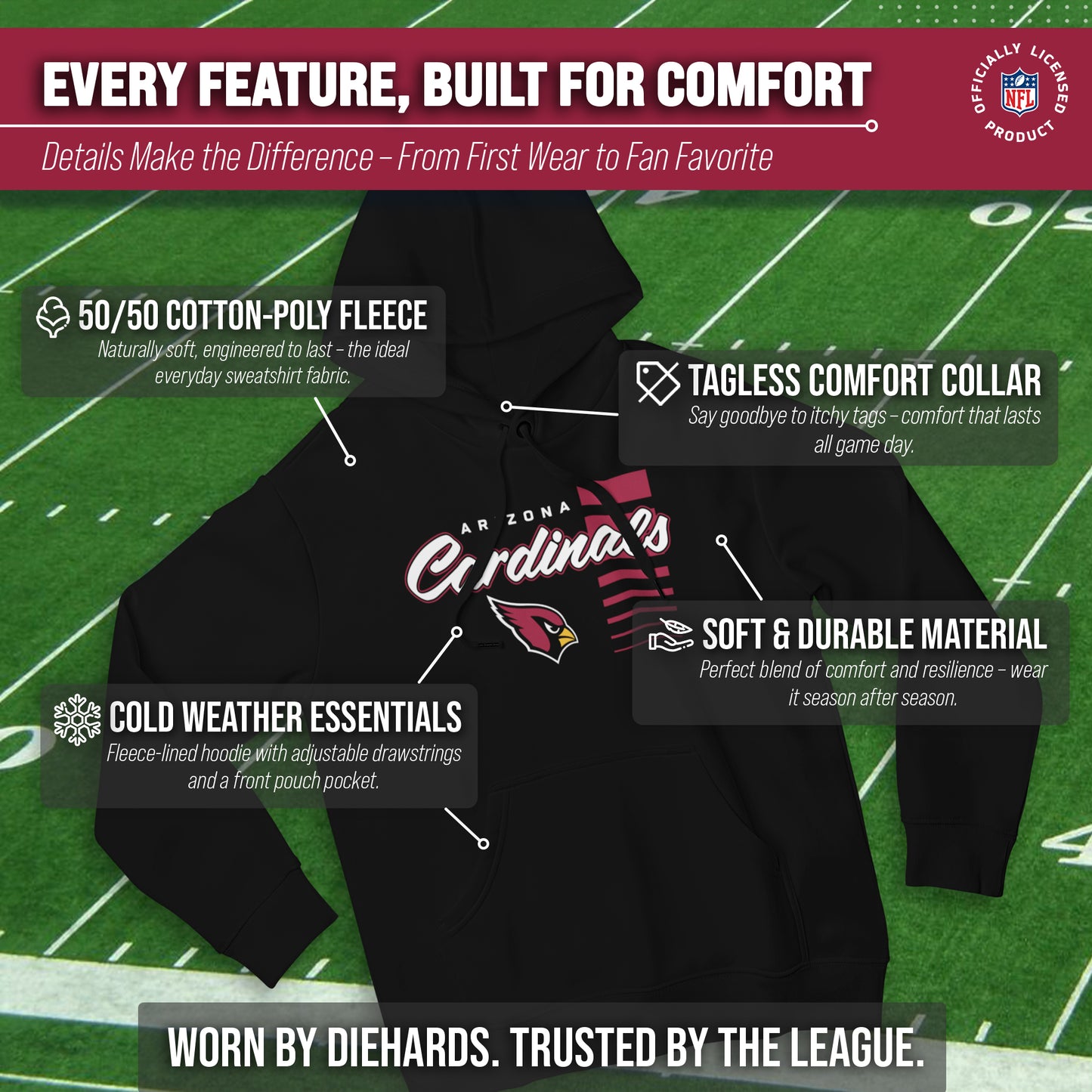Arizona Cardinals NFL Adult Unisex Retro Script Ultra Soft Fleece Hooded Sweatshirt - Black