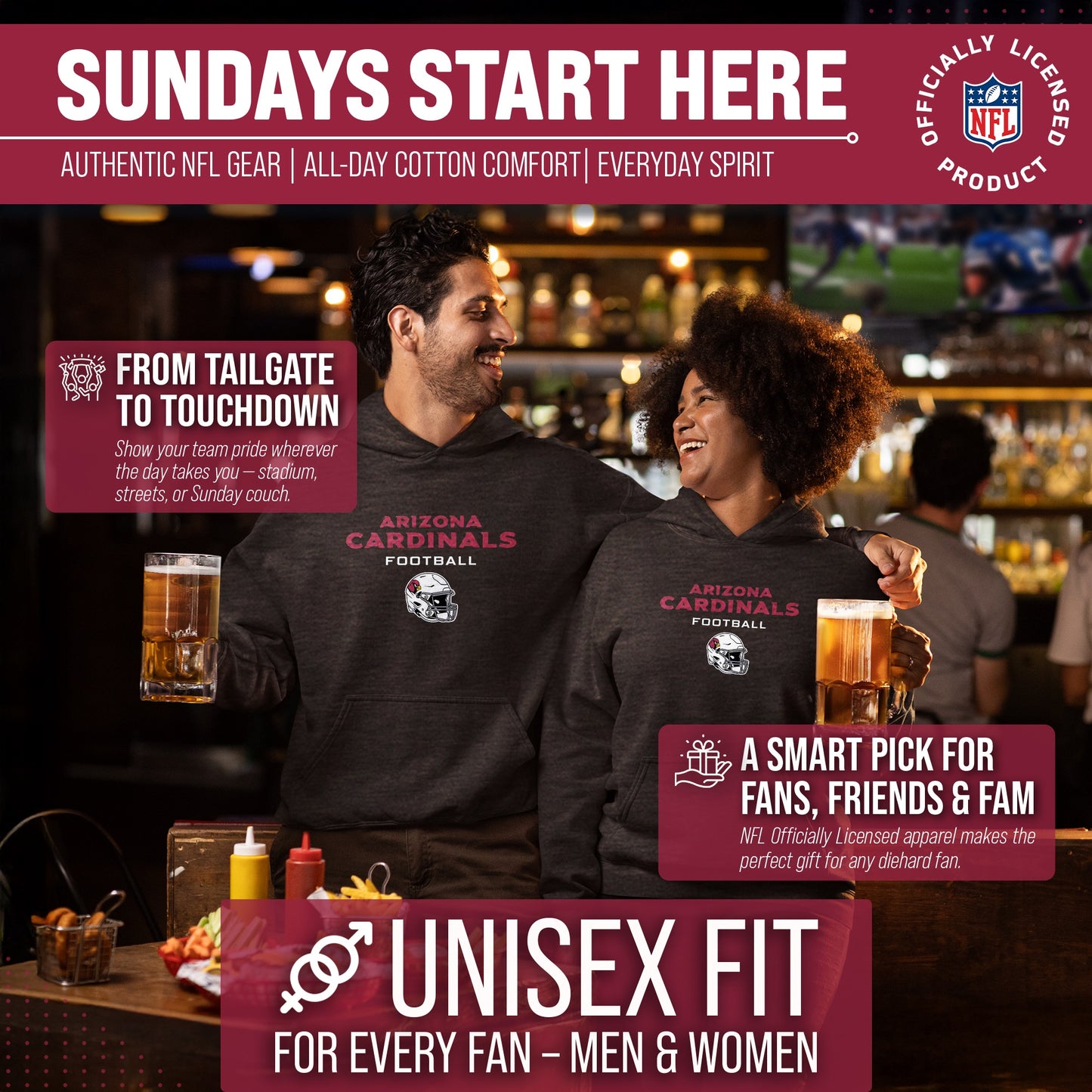 Arizona Cardinals Adult NFL Football Helmet Heather Hooded Sweatshirt  - Charcoal