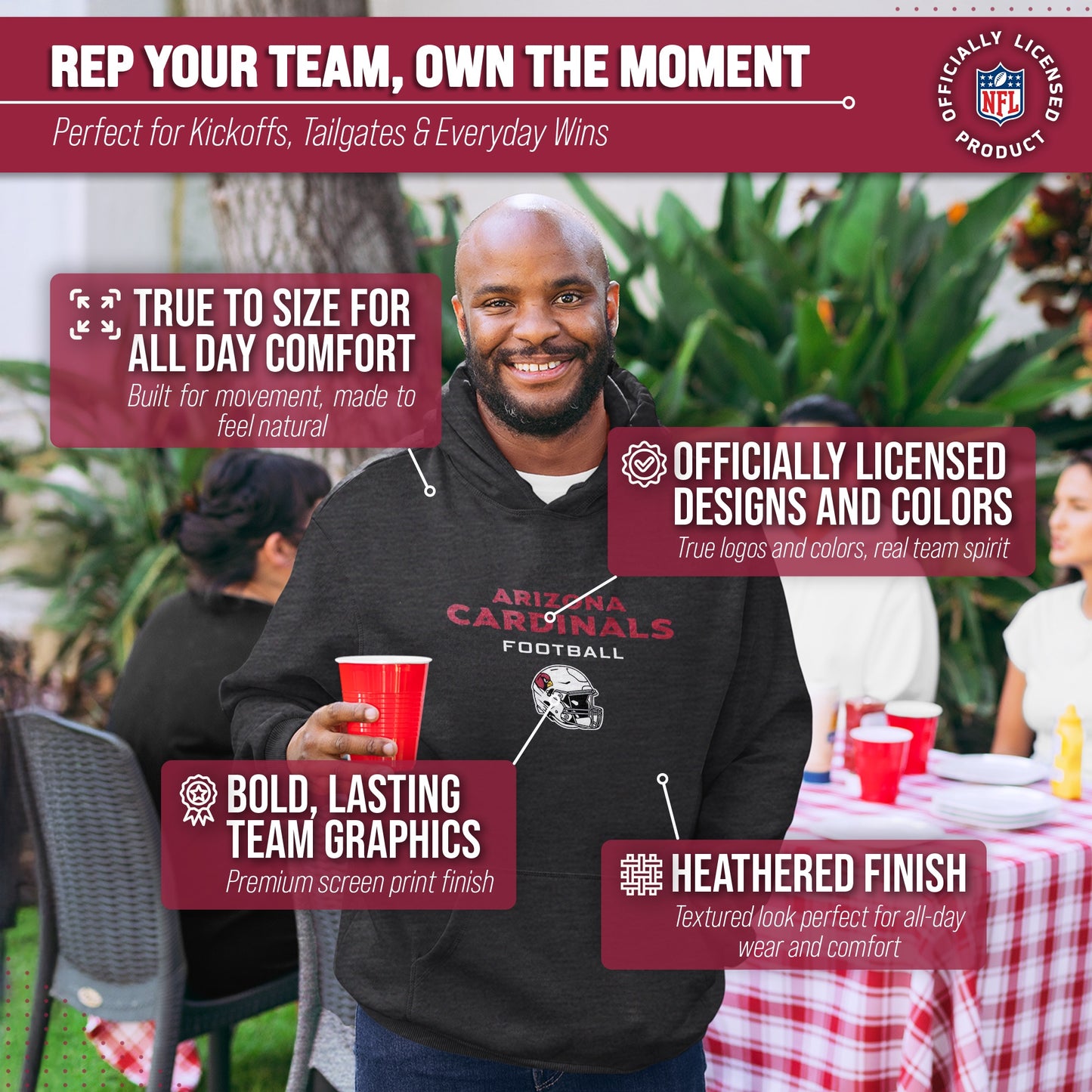 Arizona Cardinals Adult NFL Football Helmet Heather Hooded Sweatshirt  - Charcoal