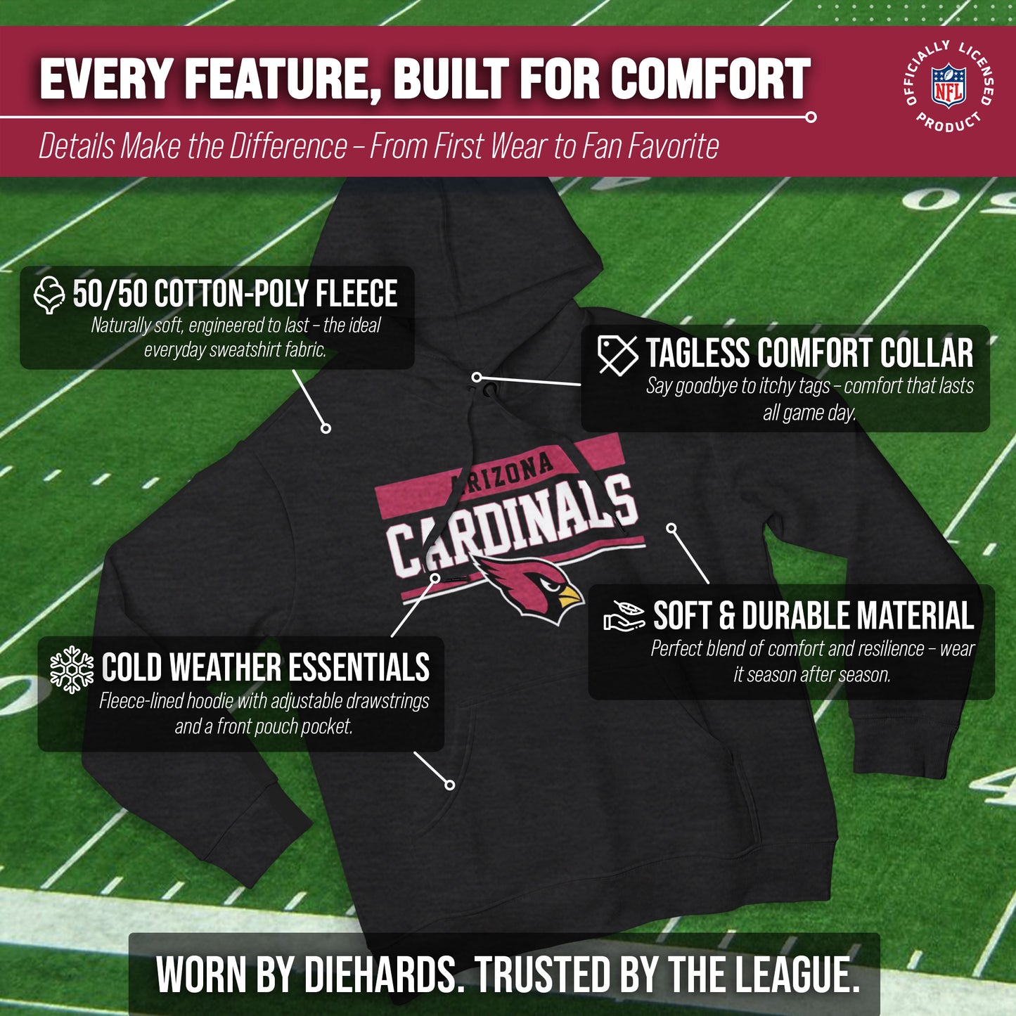 Arizona Cardinals NFL Adult Gameday Charcoal Hooded Sweatshirt - Charcoal