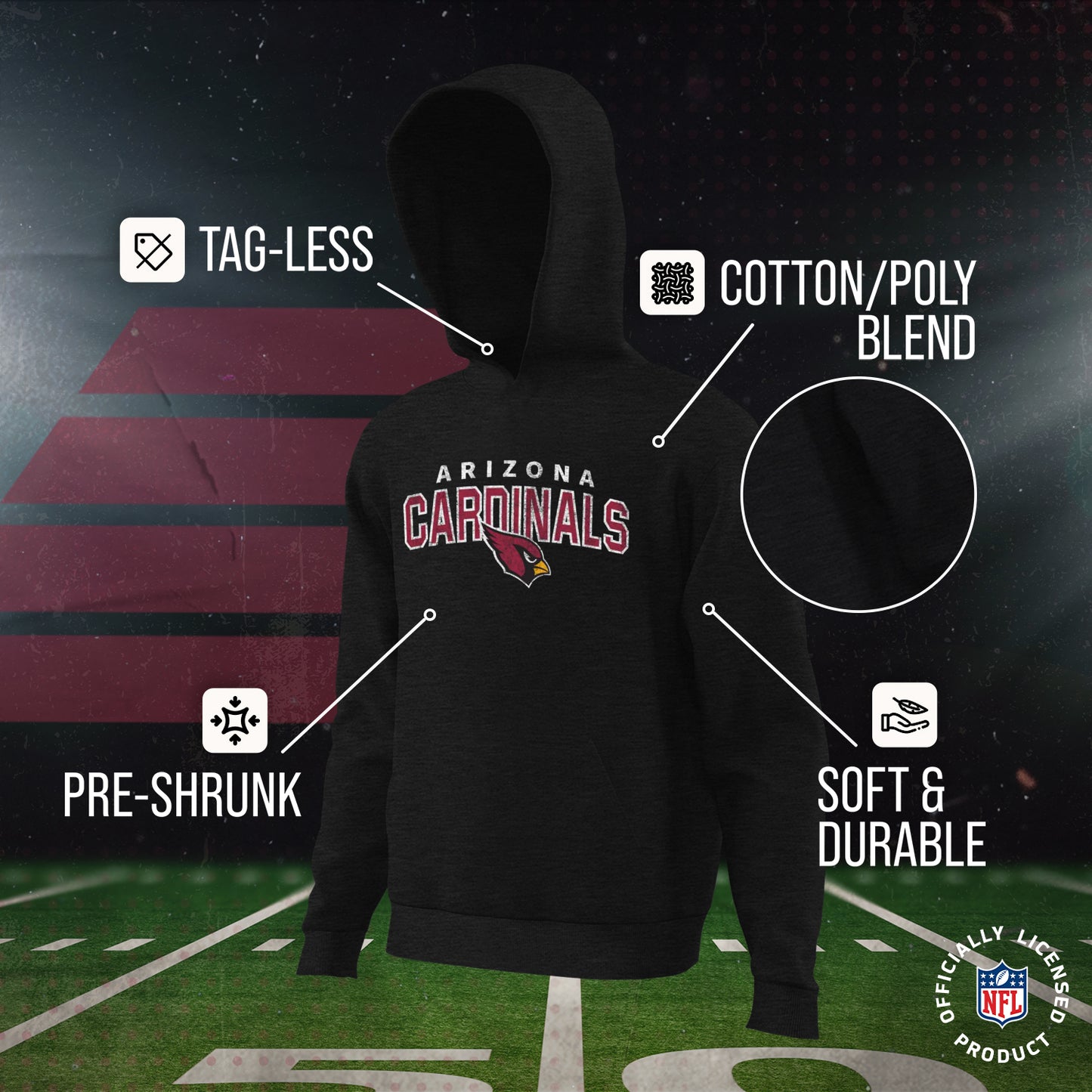 Arizona Cardinals NFL Youth Starting Fresh Hoodie- Pro Football Sweatshirt for Boys and Girls - Black