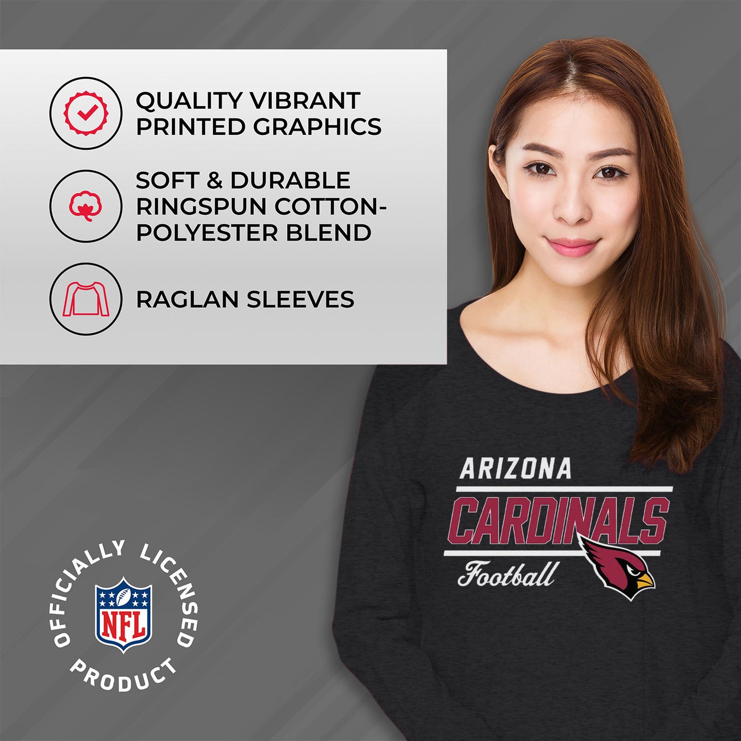 Arizona Cardinals NFL Womens Crew Neck Light Weight - Charcoal