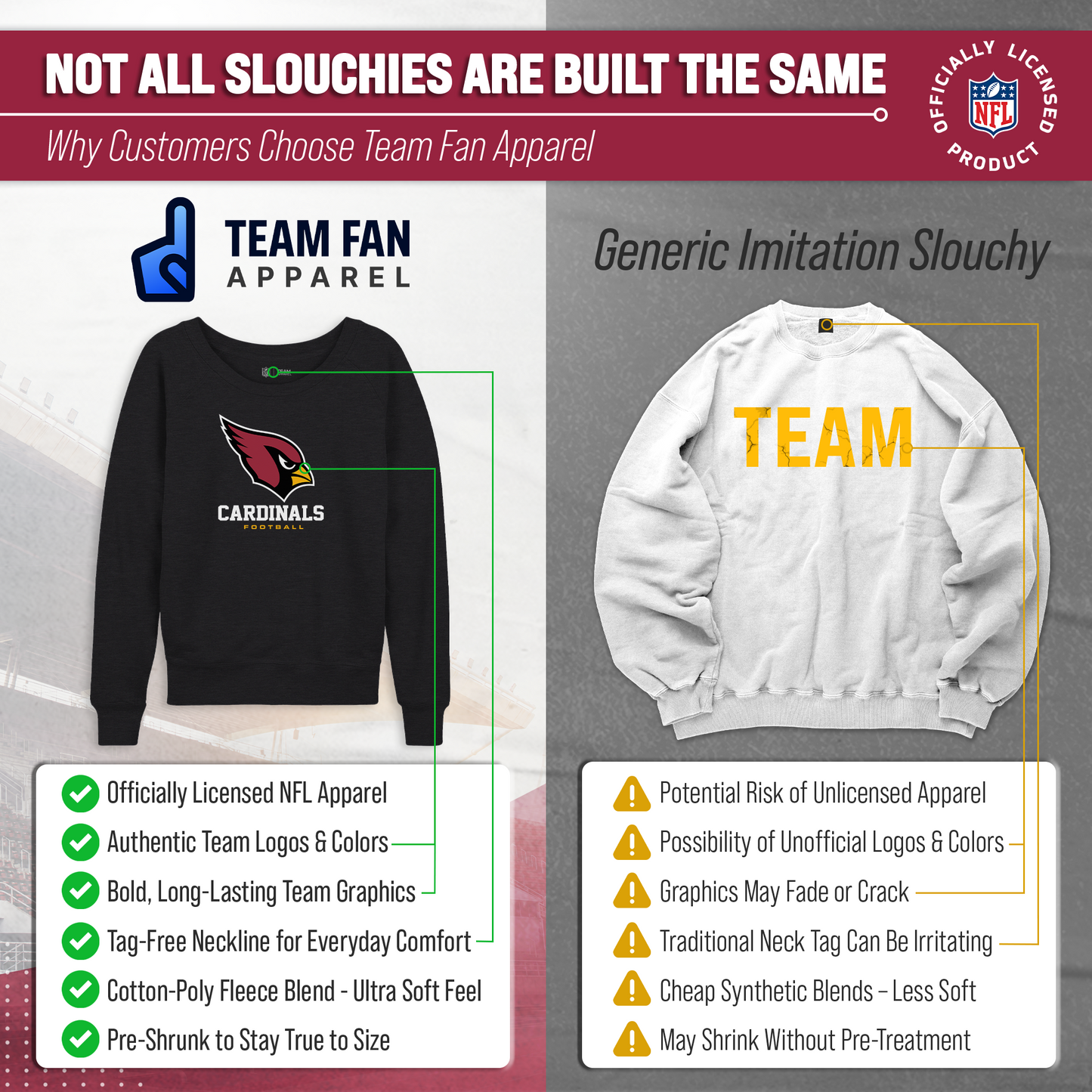Arizona Cardinals Women's NFL Ultimate Fan Logo Slouchy Crewneck -Tagless Fleece Lightweight Pullover - Charcoal