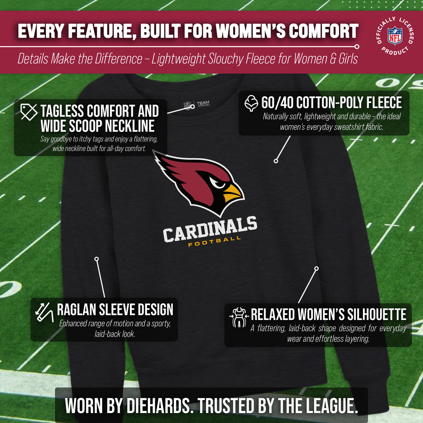 Arizona Cardinals Women's NFL Ultimate Fan Logo Slouchy Crewneck -Tagless Fleece Lightweight Pullover - Charcoal