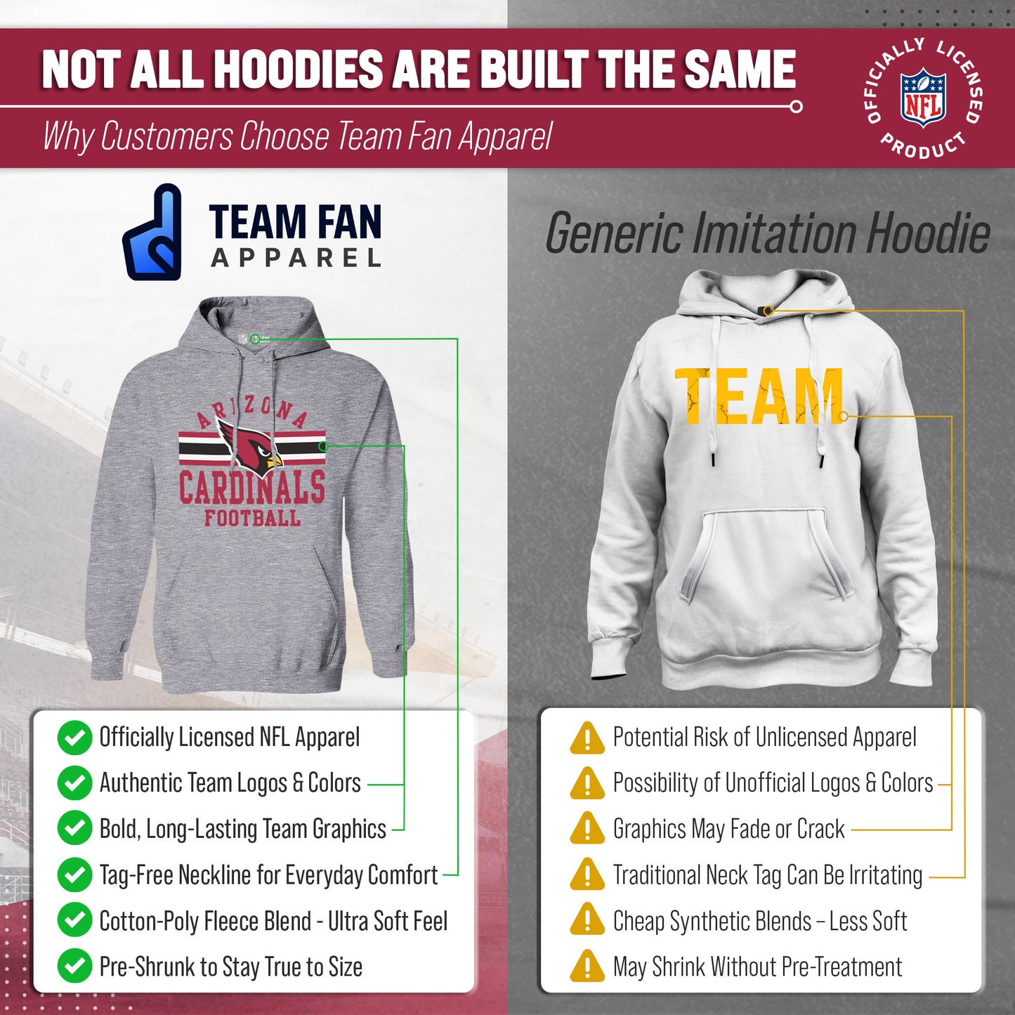 Arizona Cardinals NFL Team Stripe Hooded Sweatshirt- Soft Pullover Sports Hoodie For Men & Women - Sport Gray