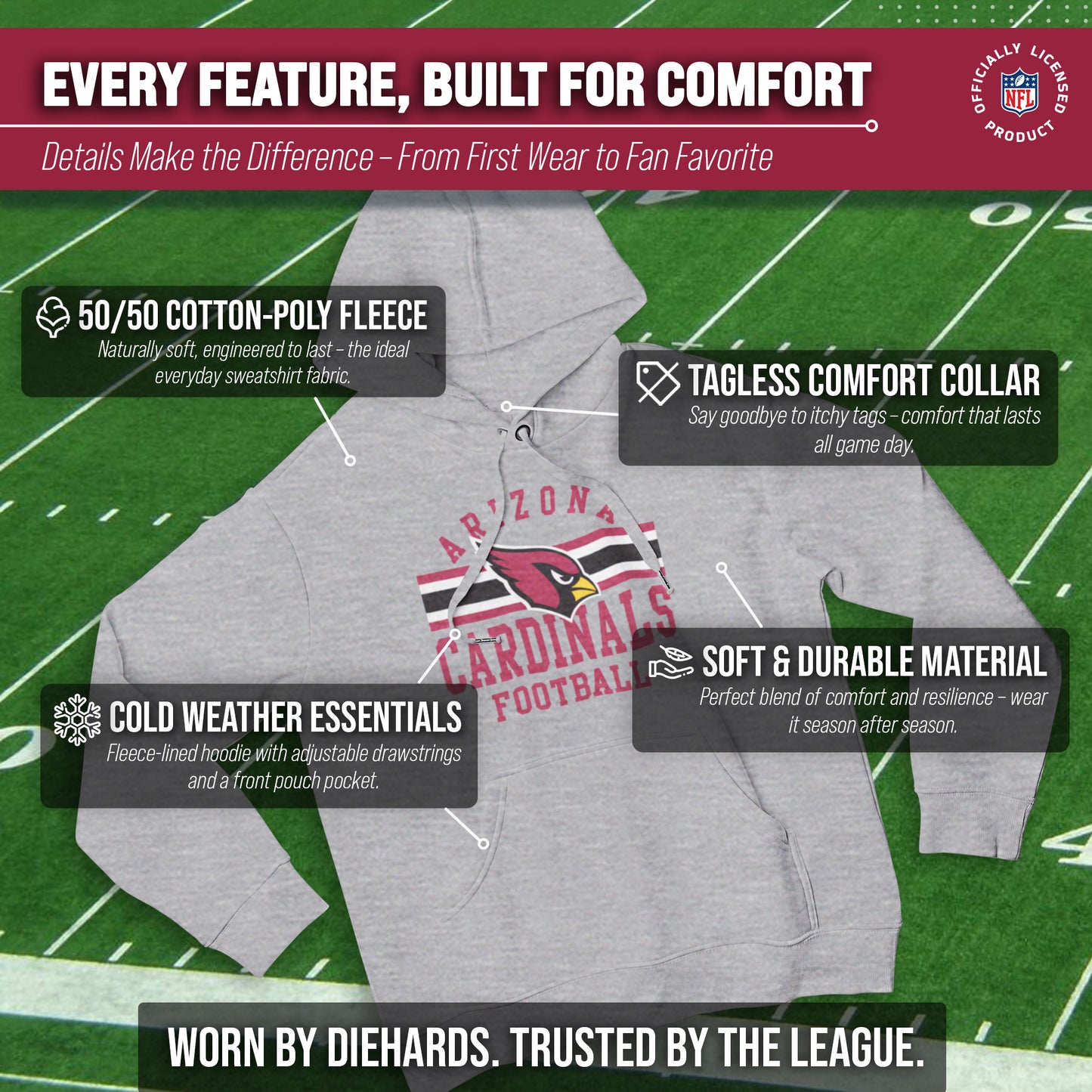 Arizona Cardinals NFL Team Stripe Hooded Sweatshirt- Soft Pullover Sports Hoodie For Men & Women - Sport Gray