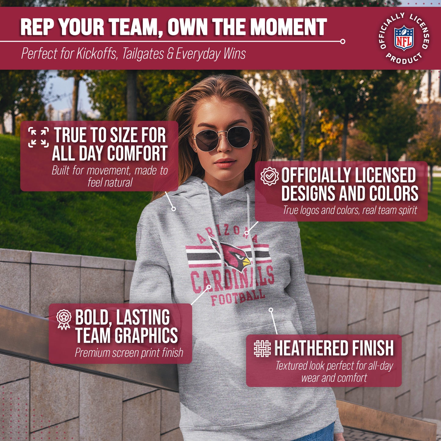 Arizona Cardinals NFL Team Stripe Hooded Sweatshirt- Soft Pullover Sports Hoodie For Men & Women - Sport Gray