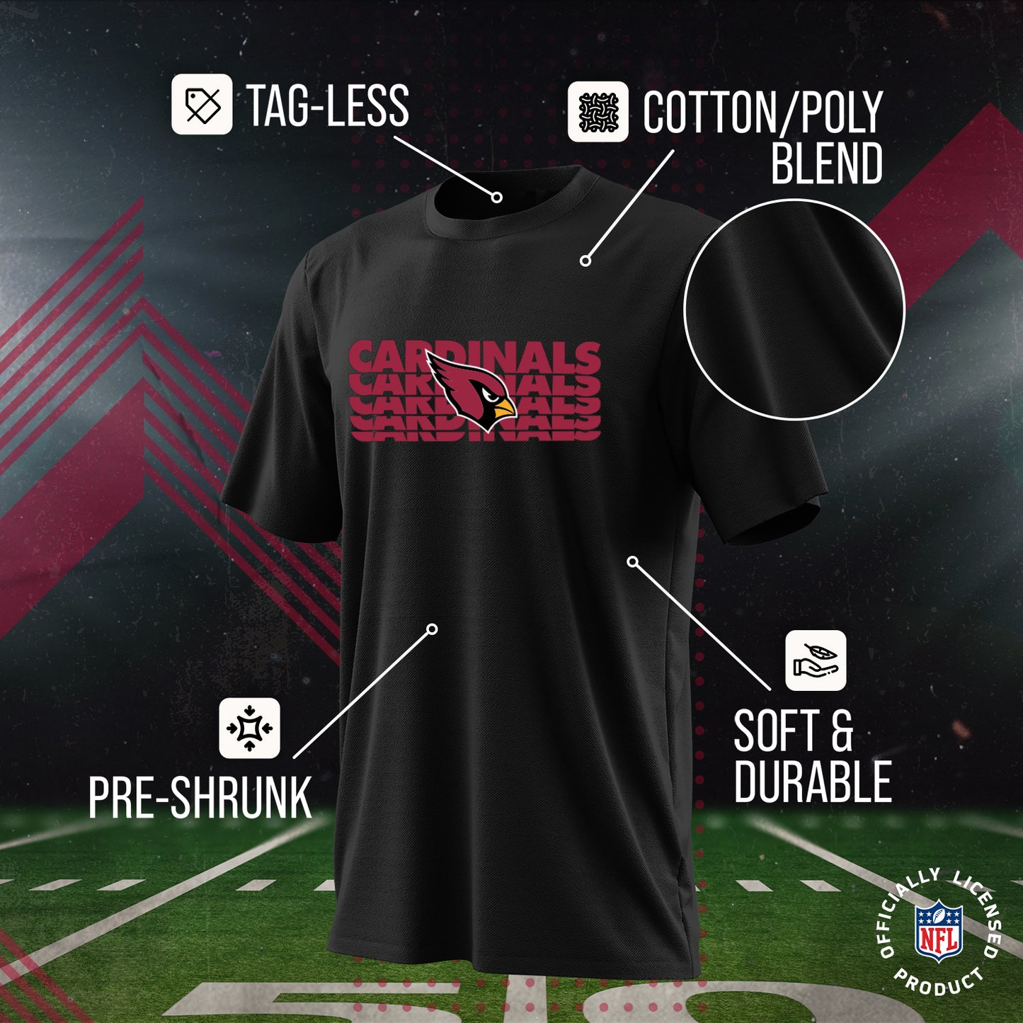 Arizona Cardinals NFL Youth Repeating Logo Football T-Shirt Unisex Tag Free Comfortable - Black