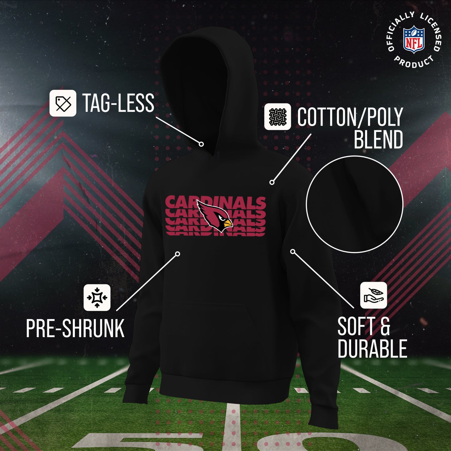 Arizona Cardinals NFL Youth Repeating Logo Football Fleece Hooded Sweatshirt - Black