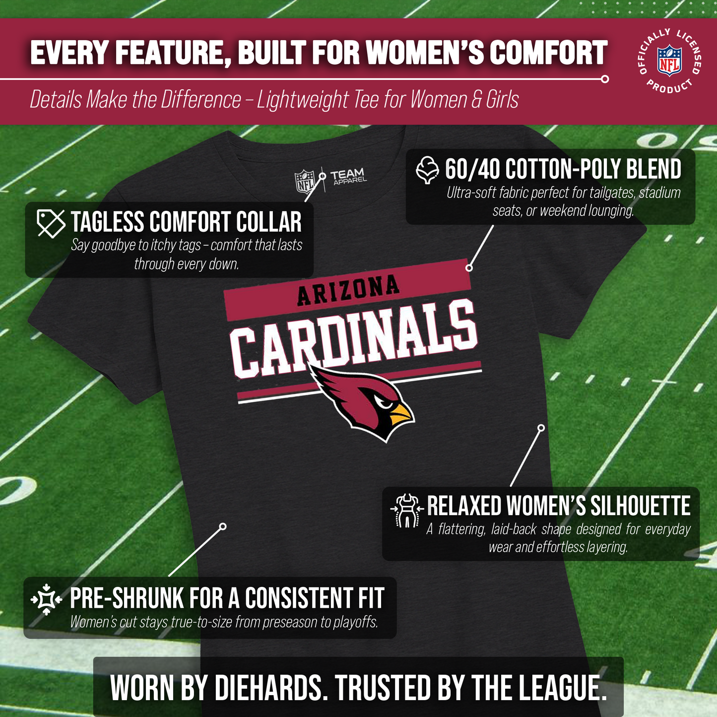 Arizona Cardinals NFL Women's Team Block Charcoal Tagless T-Shirt - Charcoal
