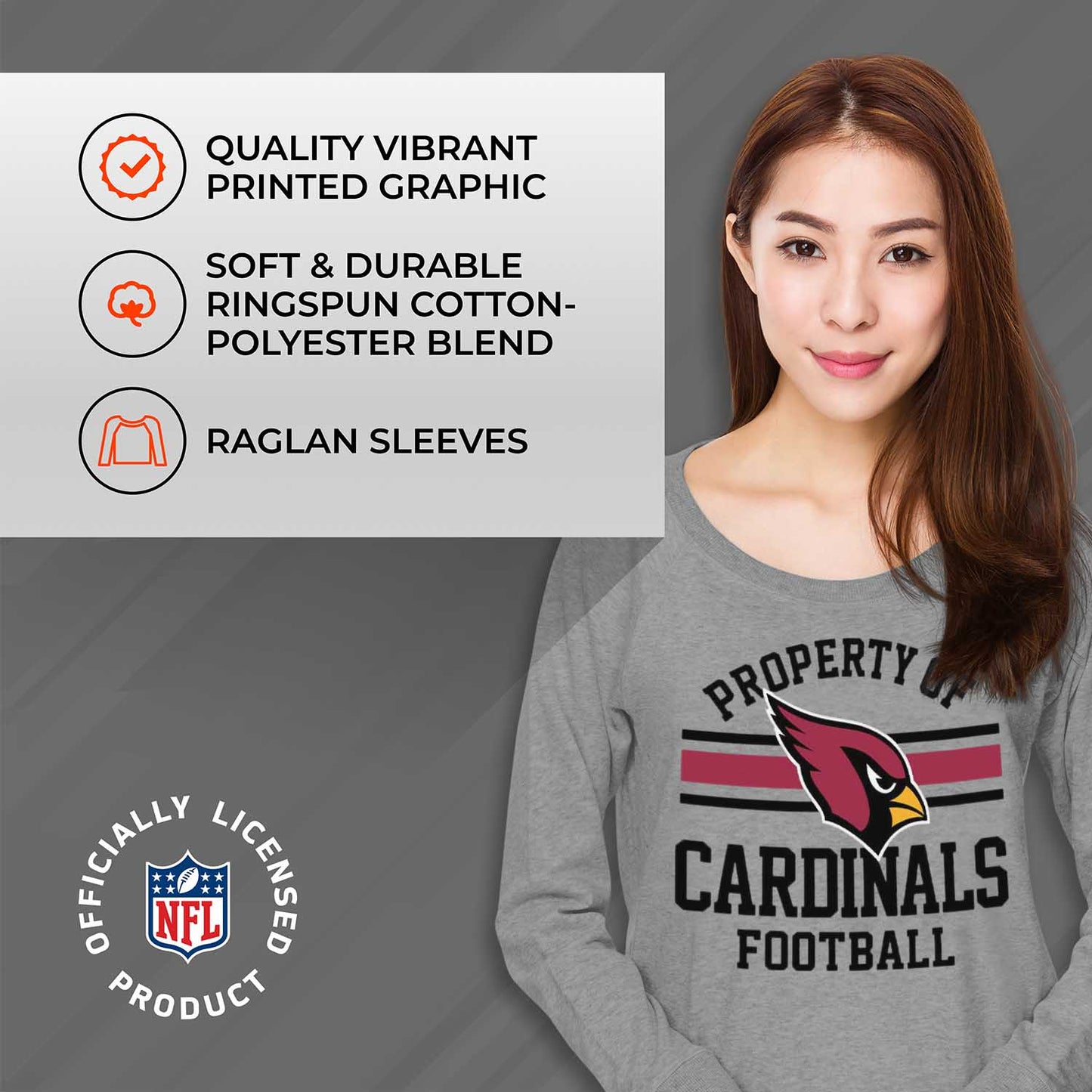 Arizona Cardinals NFL Womens Property of Lighweight Crew Neck - Sport Gray
