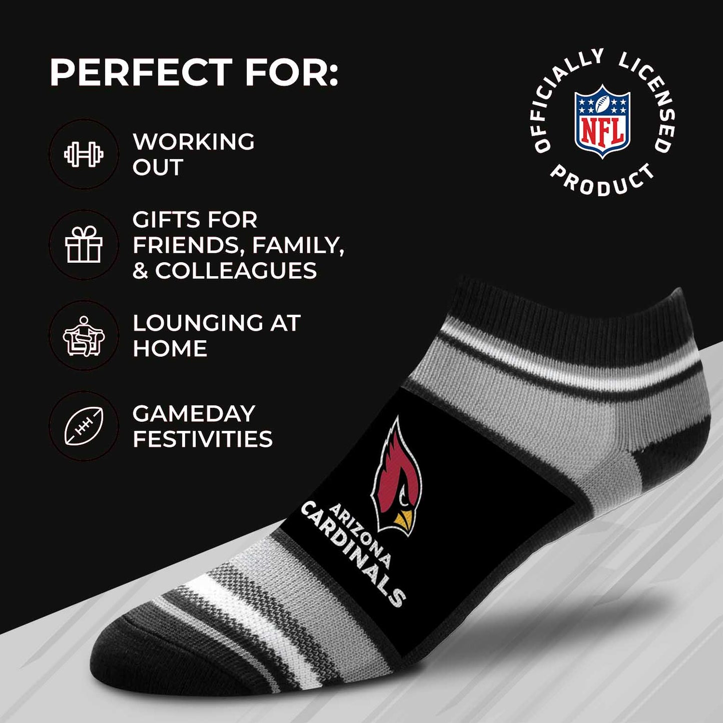 Arizona Cardinals Adult Marquis Addition No Show Socks - Black