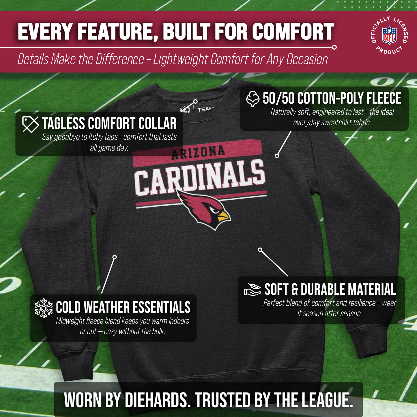 Arizona Cardinals NFL Adult Long Sleeve Team Block Charcoal Crewneck Sweatshirt - Charcoal