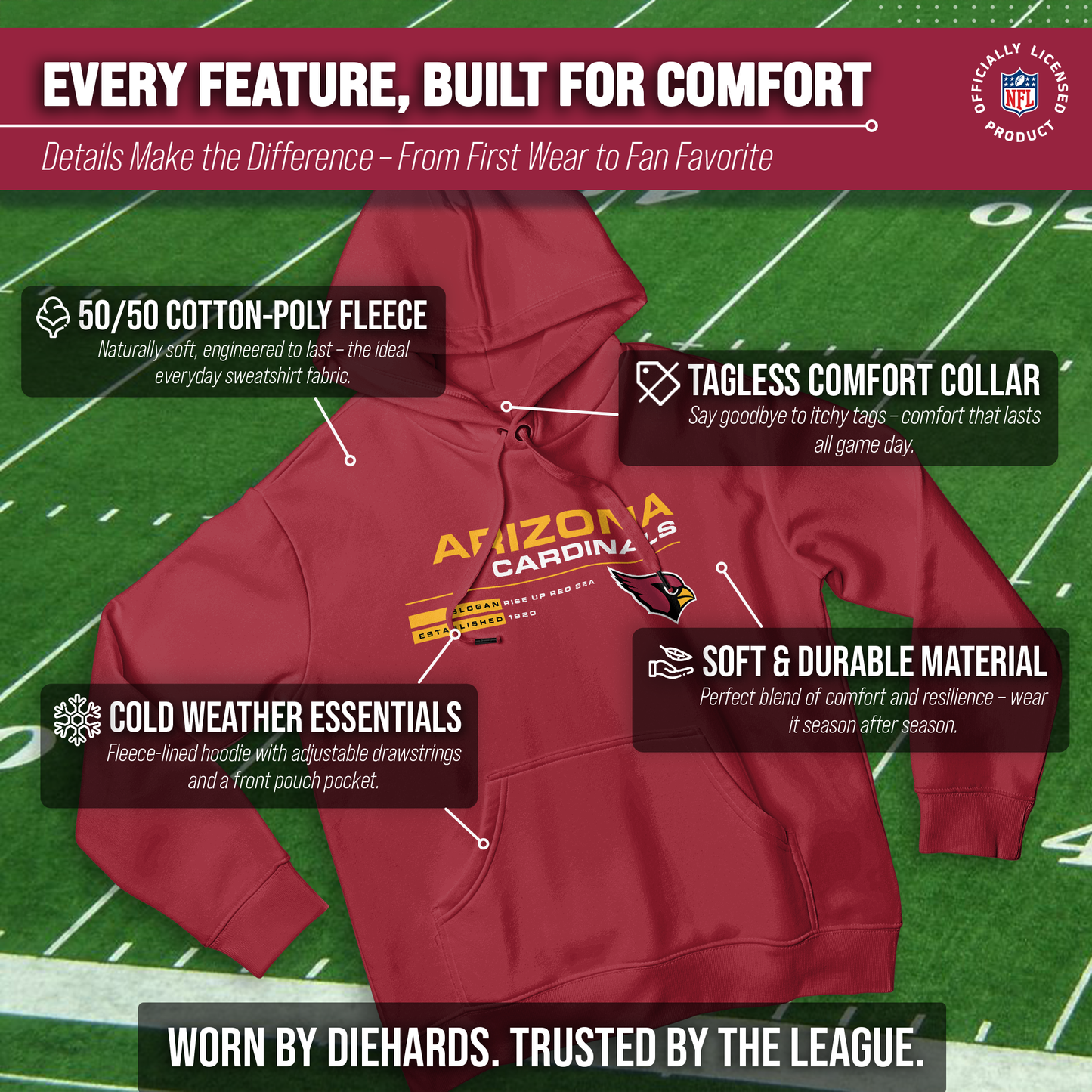 Arizona Cardinals Adult NFL Speed Stat Sheet Fleece Hooded Sweatshirt - Cardinal