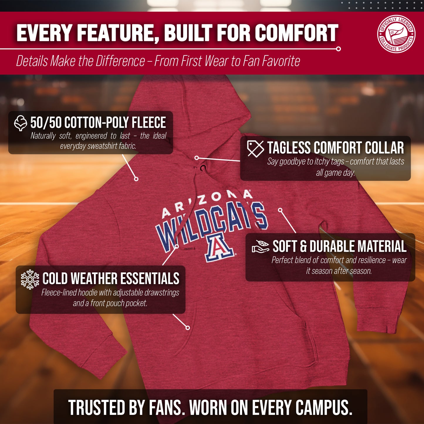 Arizona Wildcats NCAA Adult Unisex Starting Fresh Heathered Hooded Fleece Sweatshirt - Red Heather