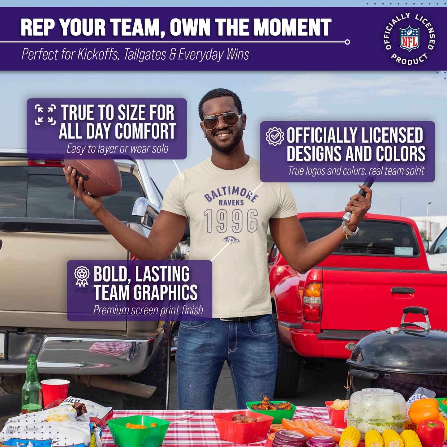 Baltimore Ravens NFL Adult Big Date Tag-Less T-Shirt - Natural