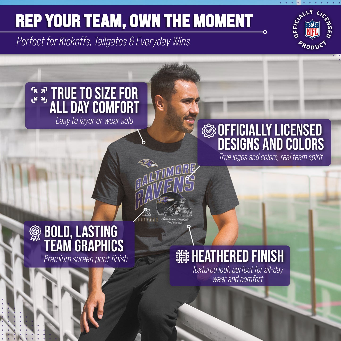 Baltimore Ravens NFL Adult Distressed Helmet Tag-Less T-Shirt - Heather Charcoal