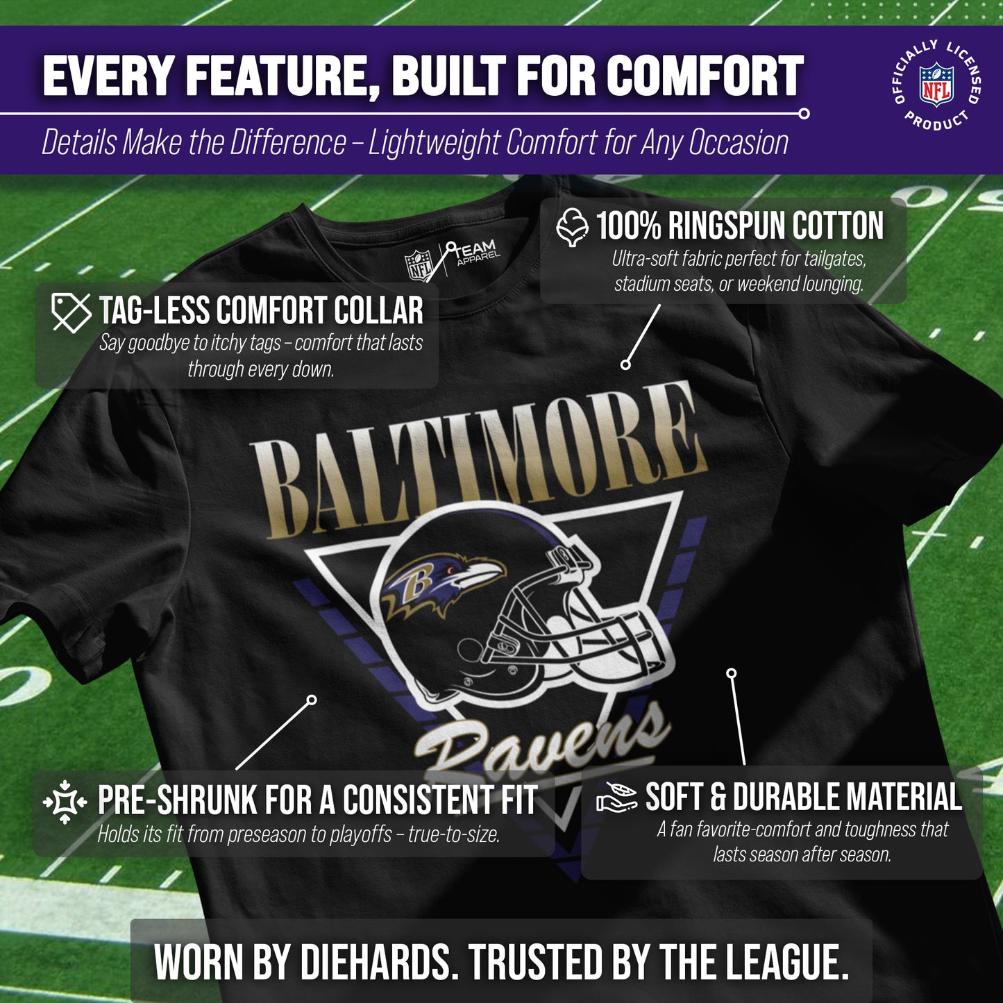 Baltimore Ravens NFL Adult Retro Triangle Unisex T-Shirt - Black