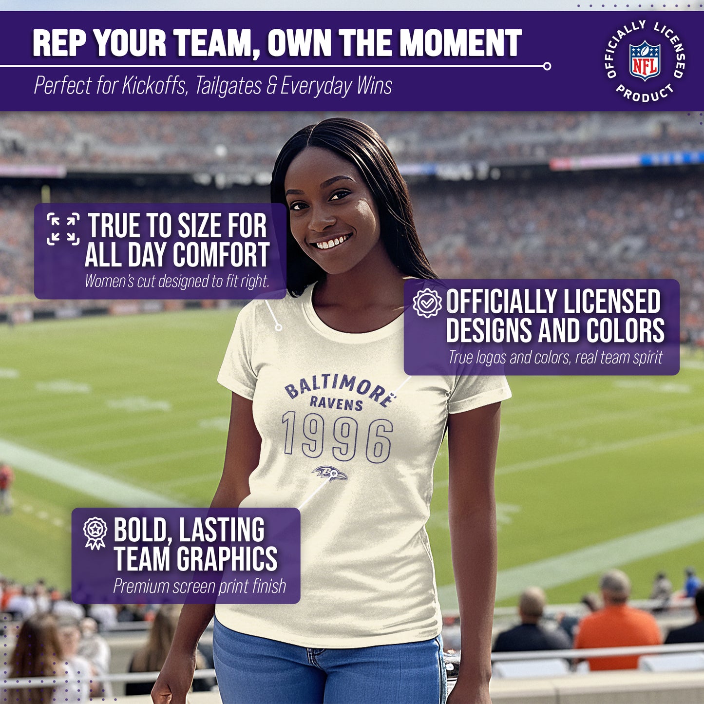 Baltimore Ravens NFL Womens Big Date Tag-Less T-Shirt - Natural