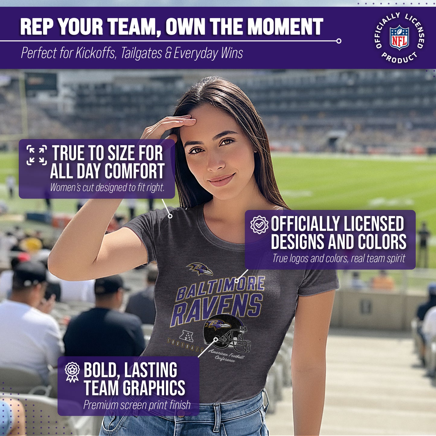 Baltimore Ravens NFL Womens Distressed Helmet Tag-Less Soft T-Shirt - Heather Charcoal