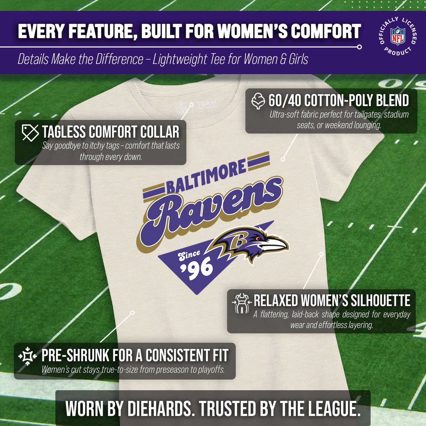 Baltimore Ravens NFL Womens Vintage Charm Tag-Less Soft T-Shirt - Birch