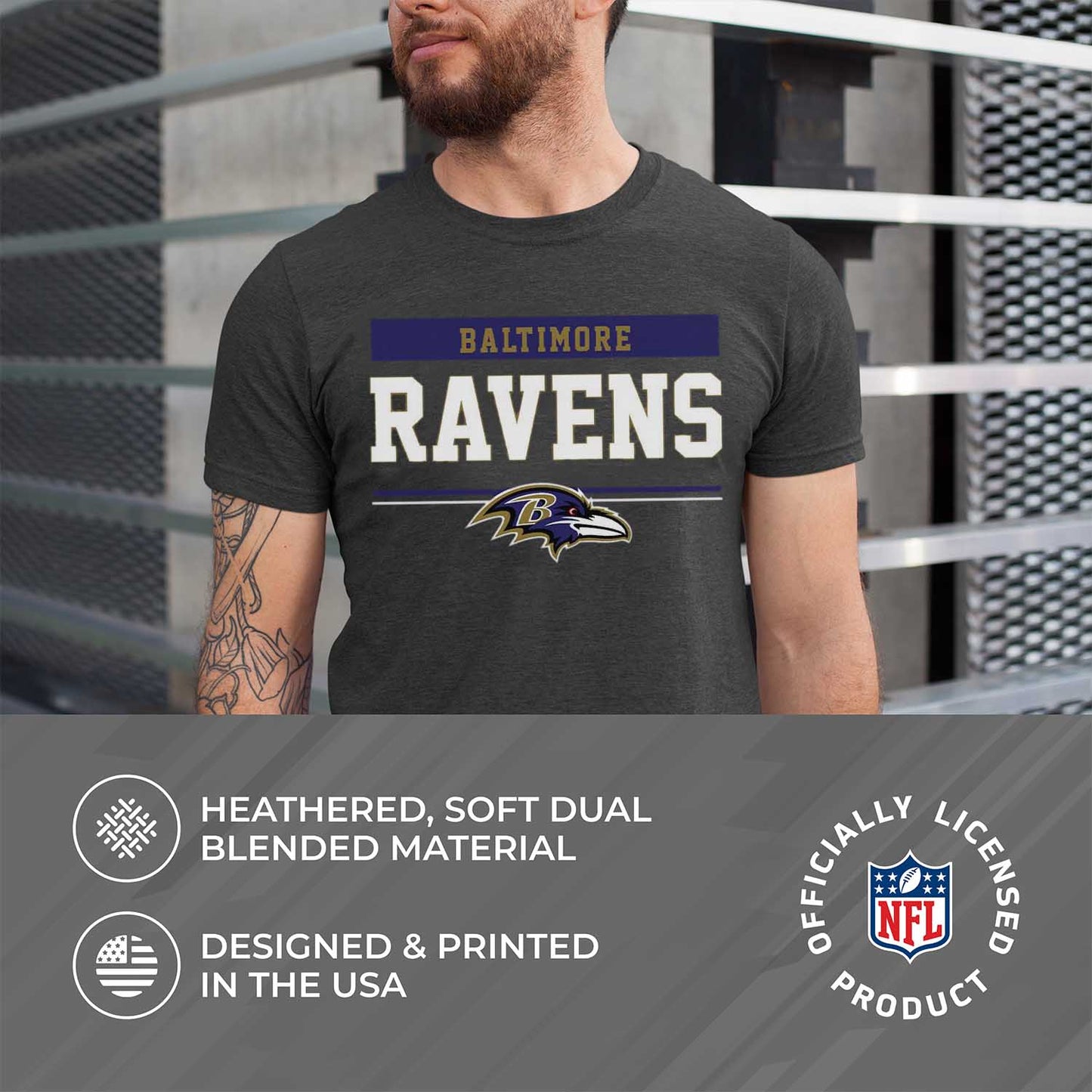 Baltimore Ravens NFL Adult Team Block Tagless T-Shirt - Charcoal