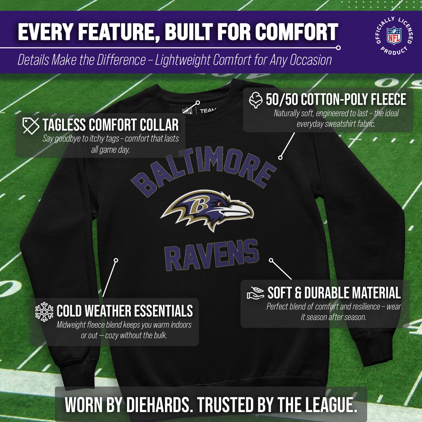 Baltimore Ravens NFL Gameday Adult Crewneck Sweatshirt - Black