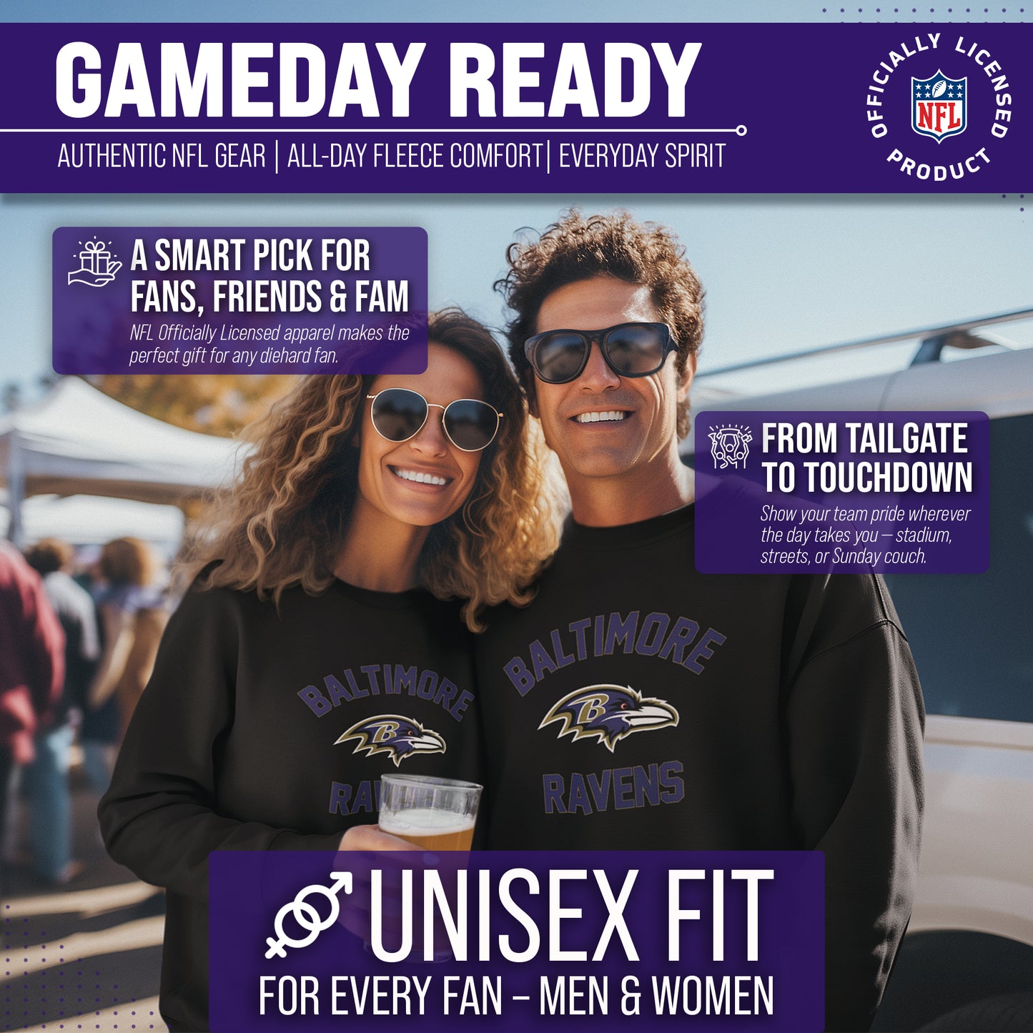 Baltimore Ravens NFL Gameday Adult Crewneck Sweatshirt - Black