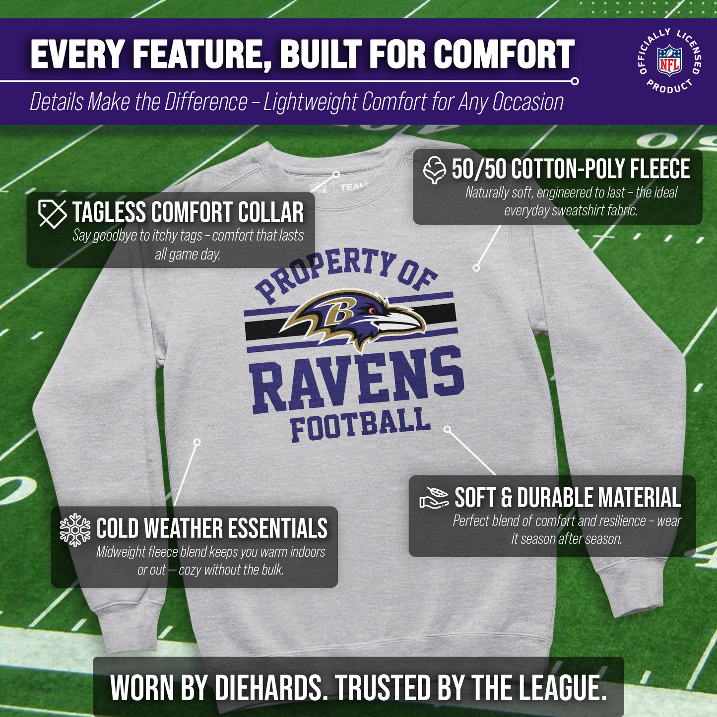 Baltimore Ravens NFL Adult Property Of Crewneck Fleece Sweatshirt - Sport Gray