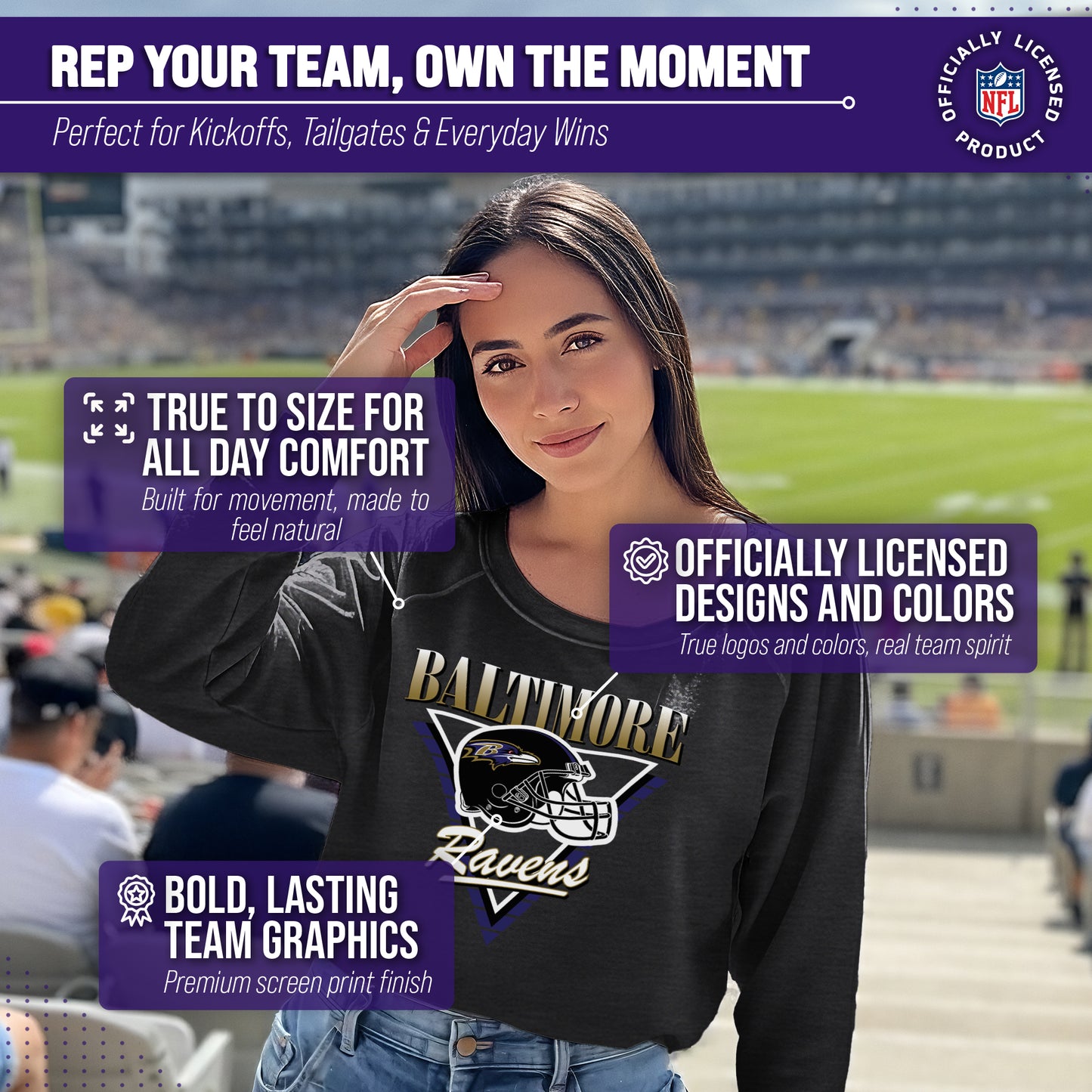 Baltimore Ravens NFL Womens Retro Triangle Slouchy Crewneck - Heather Charcoal