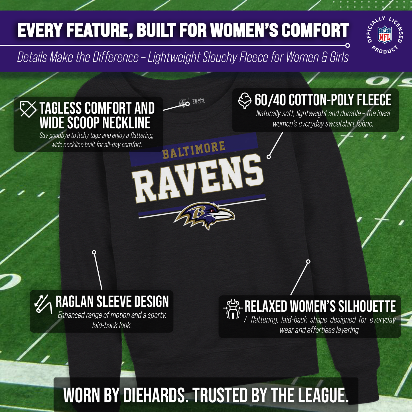 Baltimore Ravens NFL Womens Charcoal Crew Neck Football Apparel - Charcoal