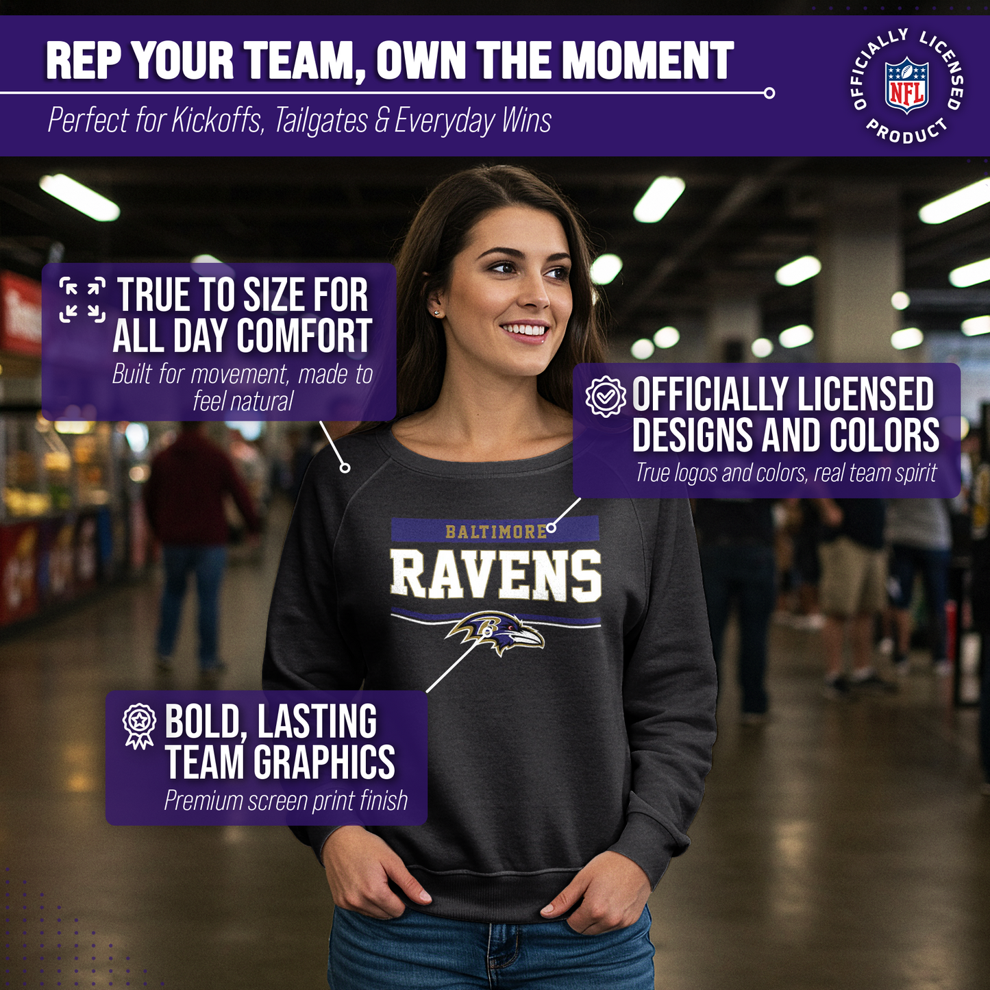 Baltimore Ravens NFL Womens Charcoal Crew Neck Football Apparel - Charcoal