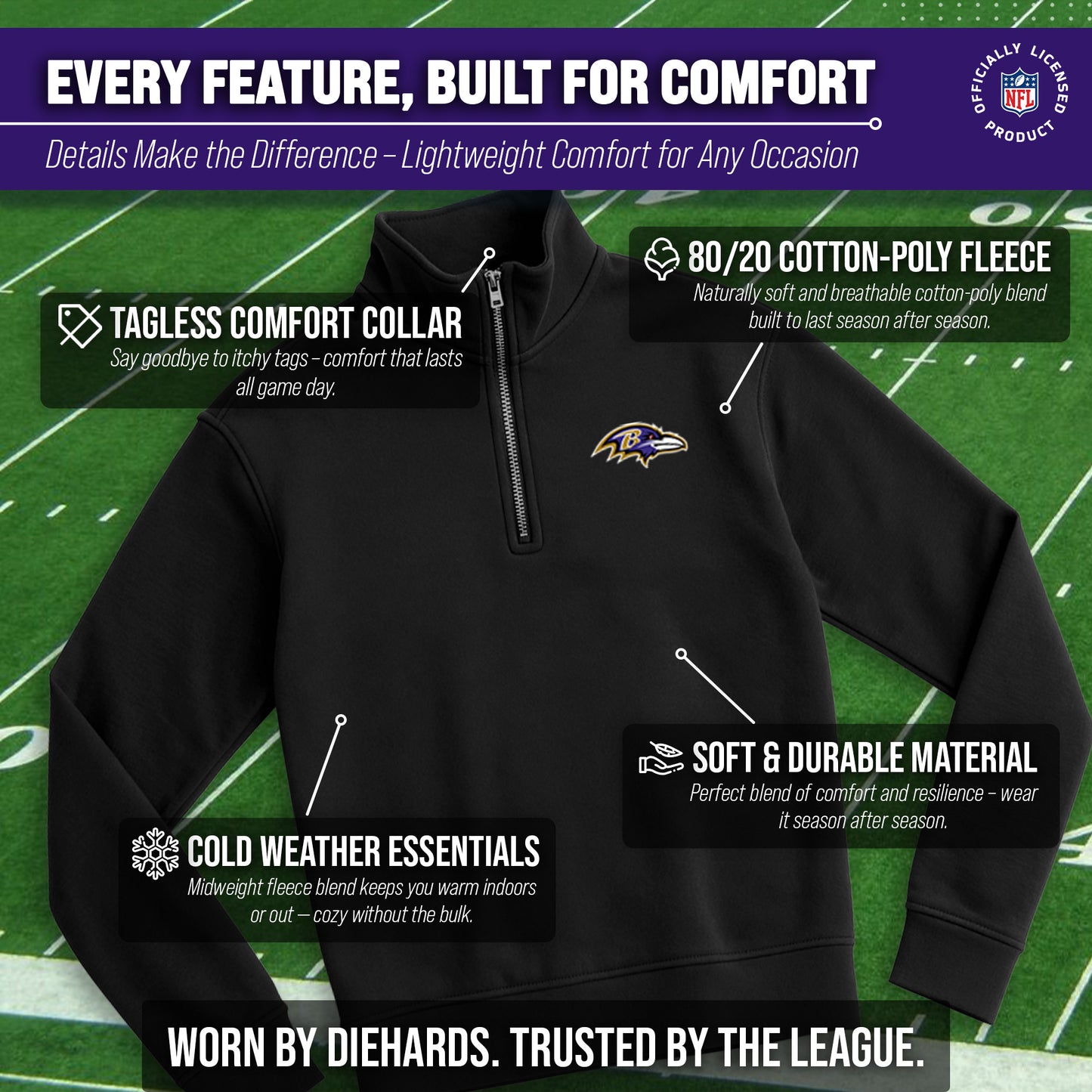 Baltimore Ravens NFL Adult Unisex Team Logo Quarter Zip Pullover Sweatshirt - Black