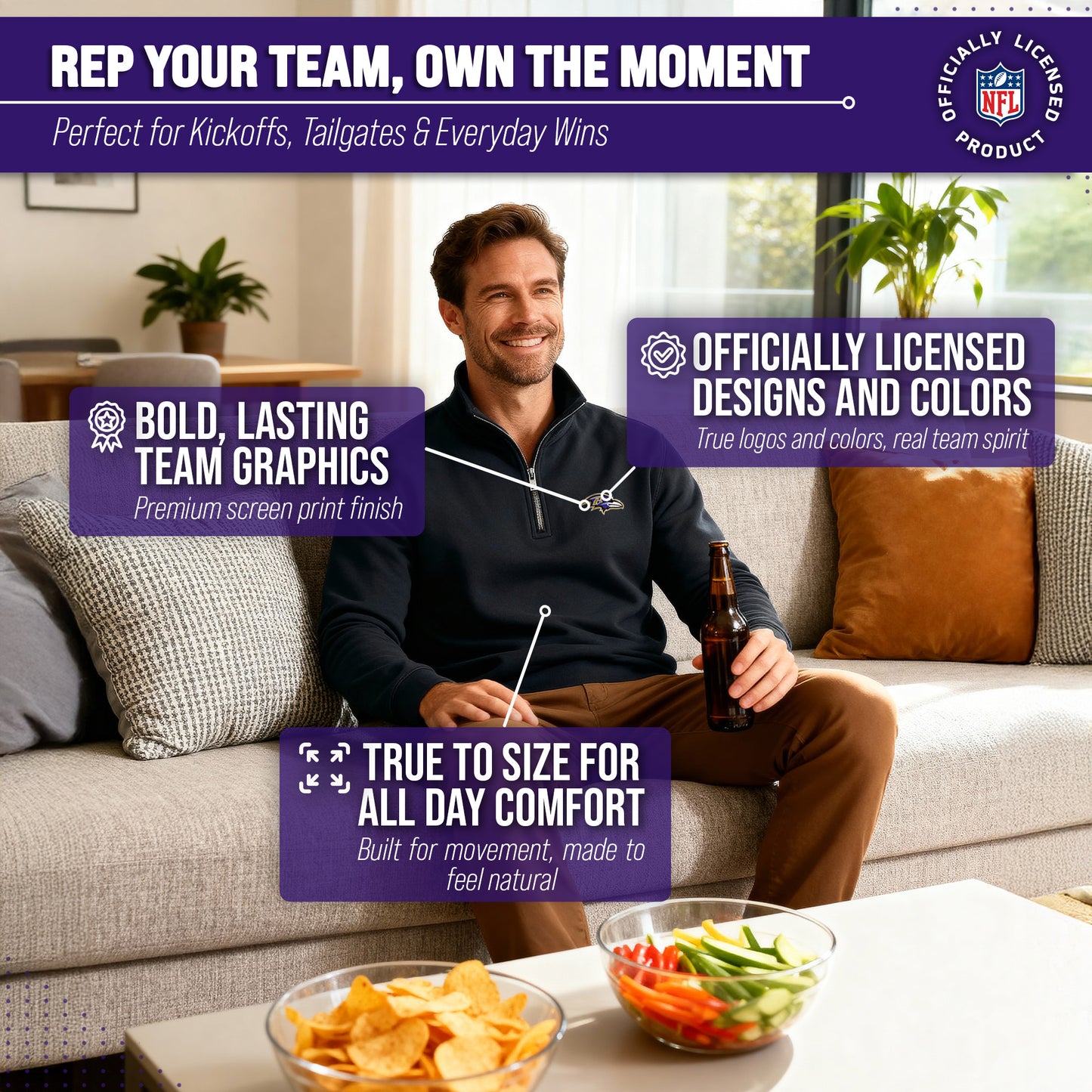 Baltimore Ravens NFL Adult Unisex Team Logo Quarter Zip Pullover Sweatshirt - Black