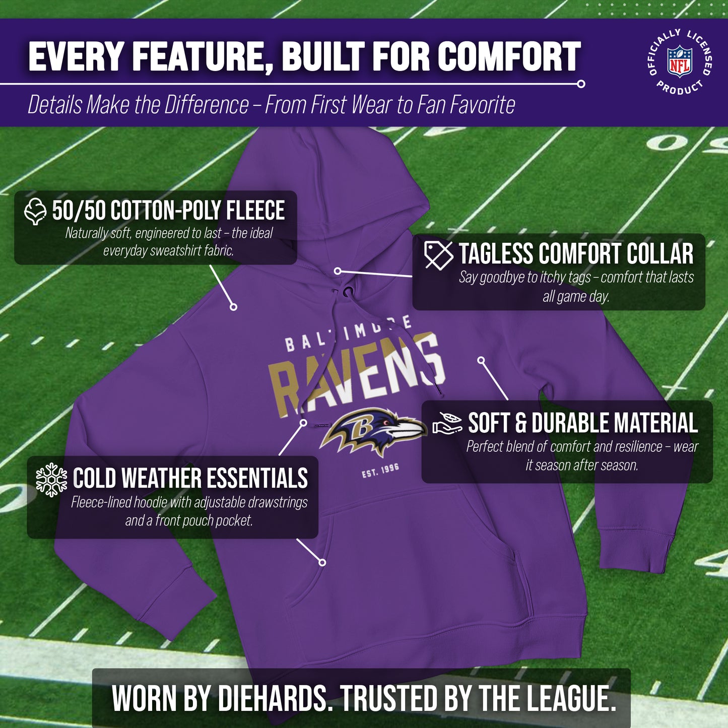 Baltimore Ravens Adult NFL Diagonal Fade Fleece Hooded Sweatshirt - Purple
