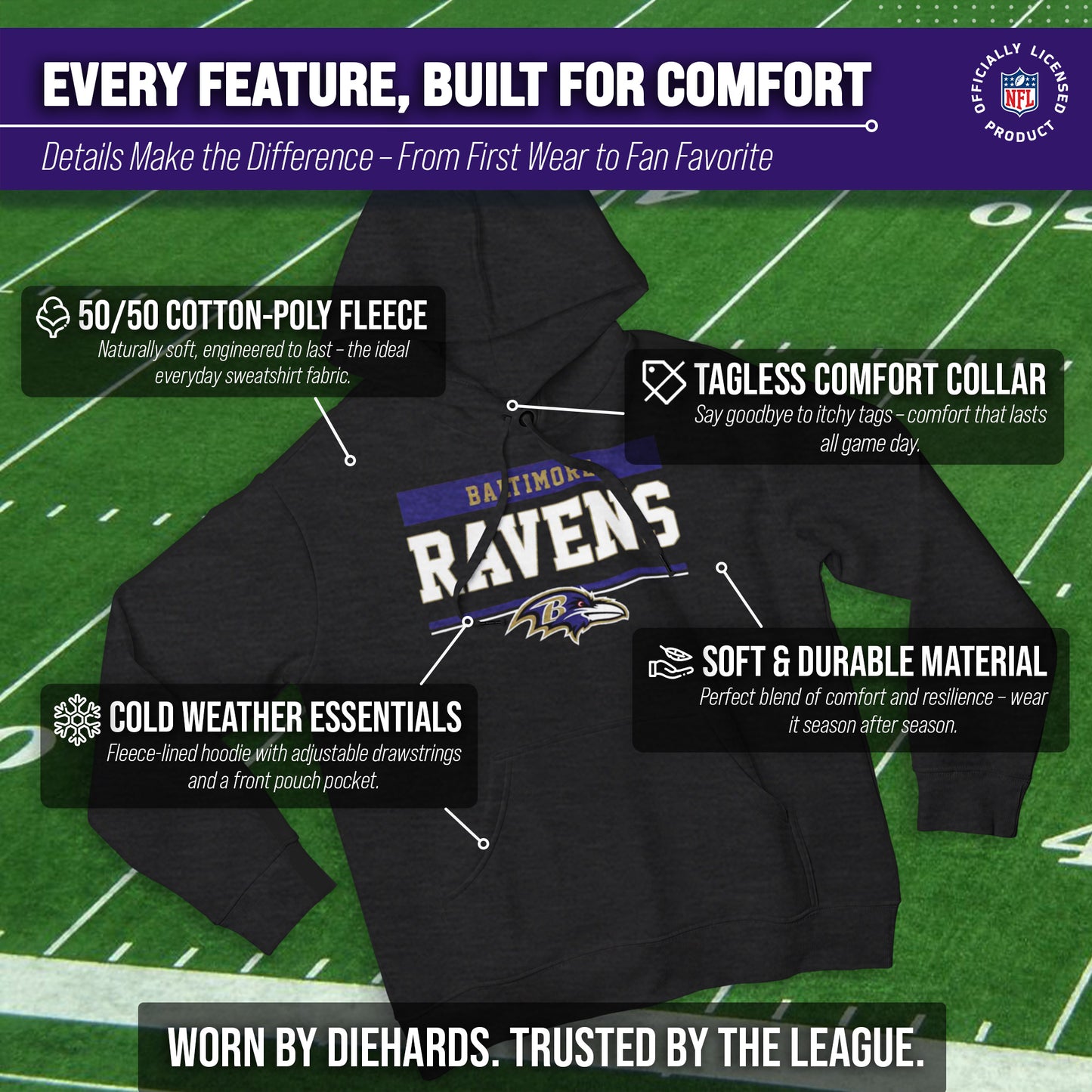 Baltimore Ravens NFL Adult Gameday Charcoal Hooded Sweatshirt - Charcoal