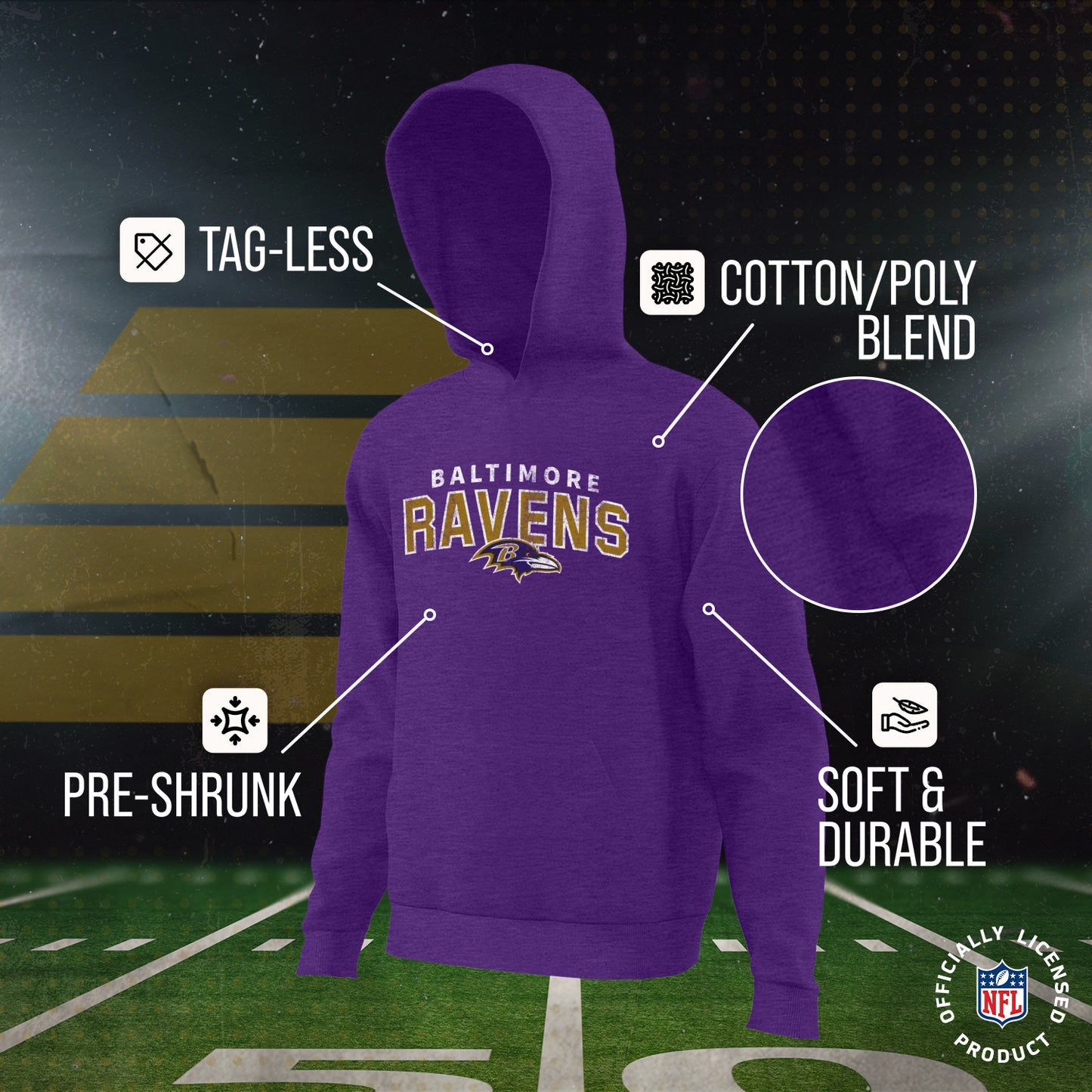 Baltimore Ravens NFL Youth Starting Fresh Hoodie- Pro Football Sweatshirt for Boys and Girls - Purple