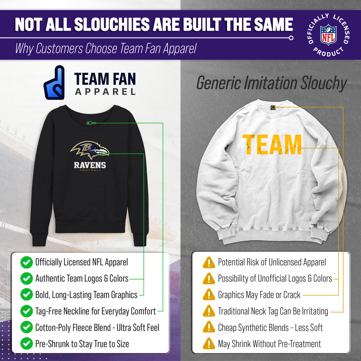 Baltimore Ravens Women's NFL Ultimate Fan Logo Slouchy Crewneck -Tagless Fleece Lightweight Pullover - Charcoal