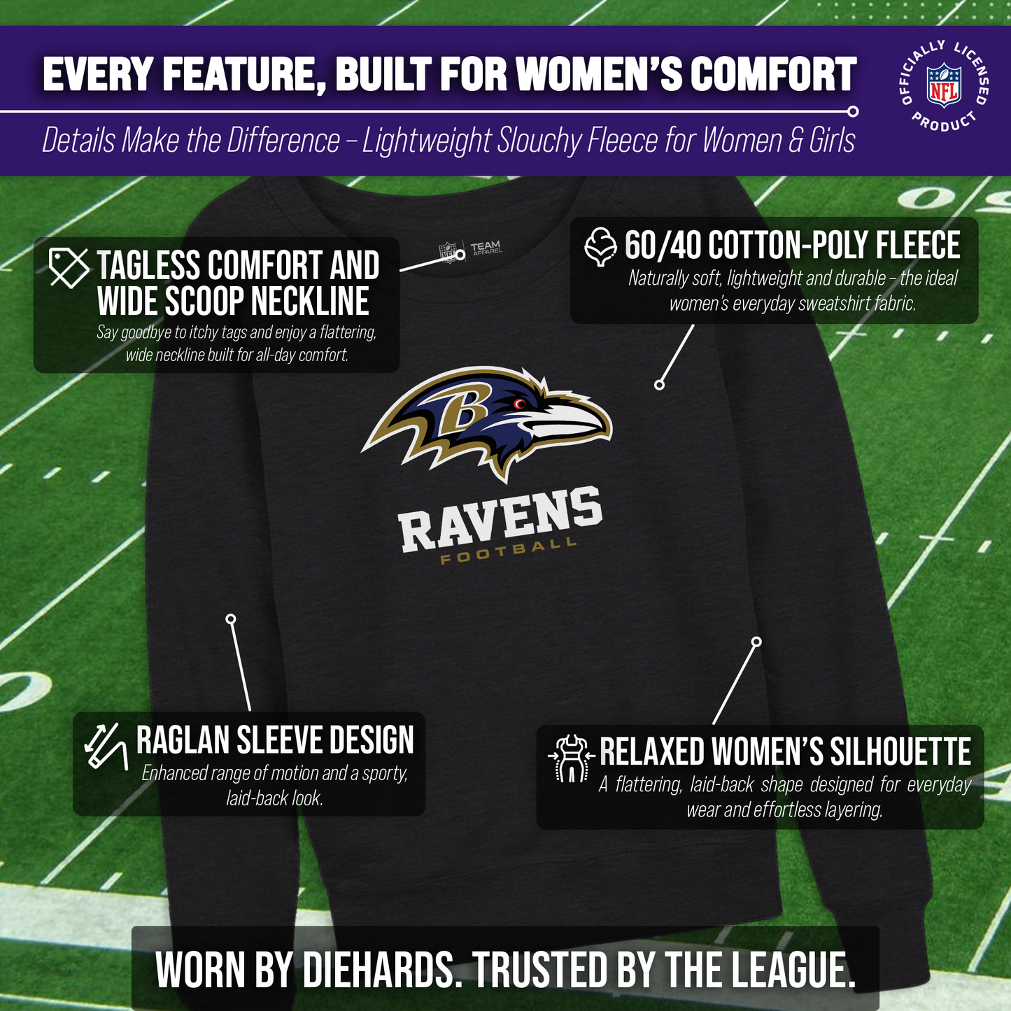 Baltimore Ravens Women's NFL Ultimate Fan Logo Slouchy Crewneck -Tagless Fleece Lightweight Pullover - Charcoal