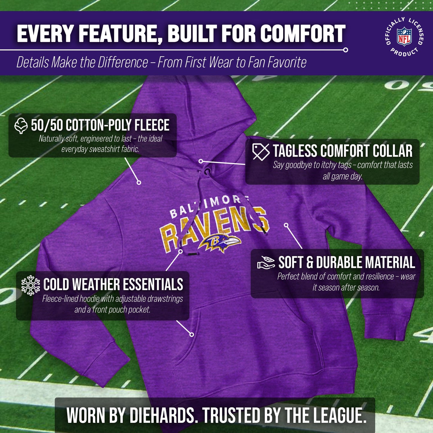 Baltimore Ravens NFL Adult Unisex Starting Fresh Ultra Soft Fleece Hooded Sweatshirt - Purple