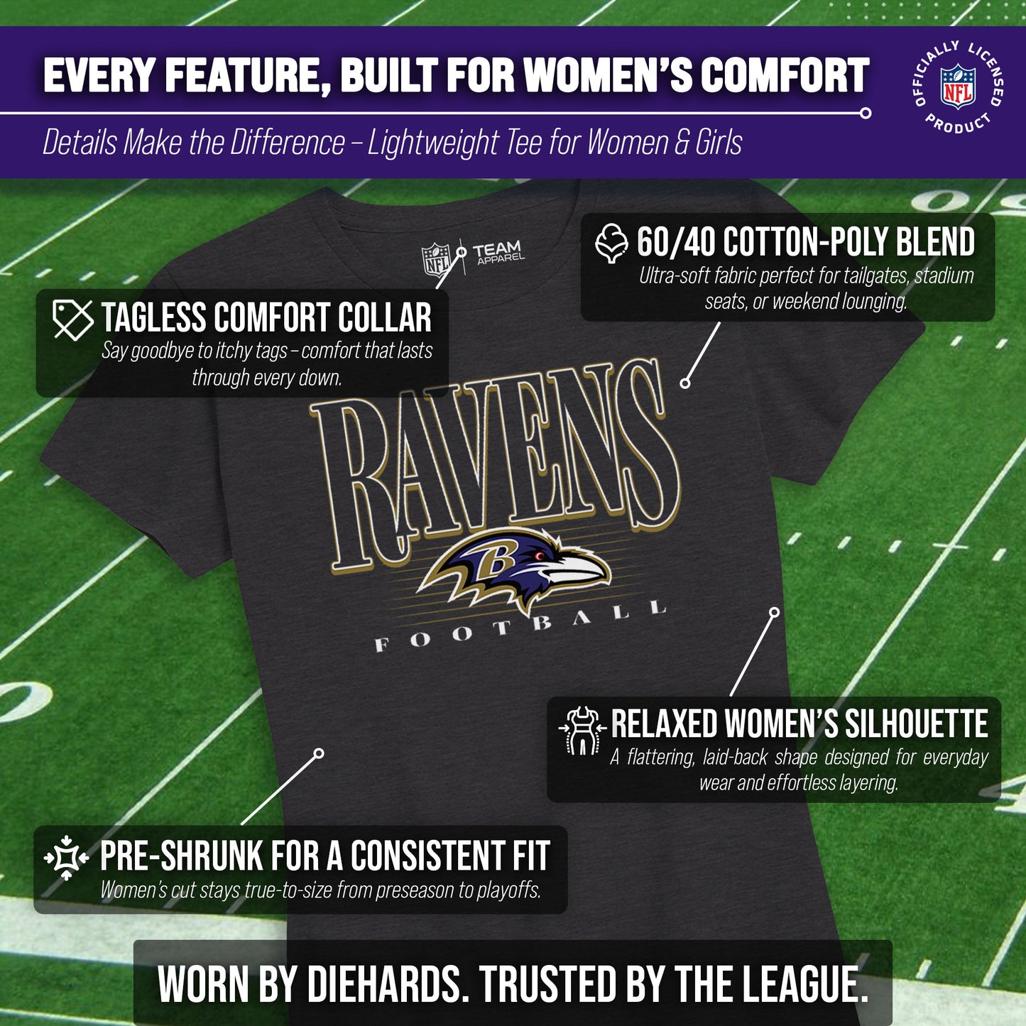 Baltimore Ravens NFL Womens Overtime Blueprint Tag-Less T-Shirt - Black