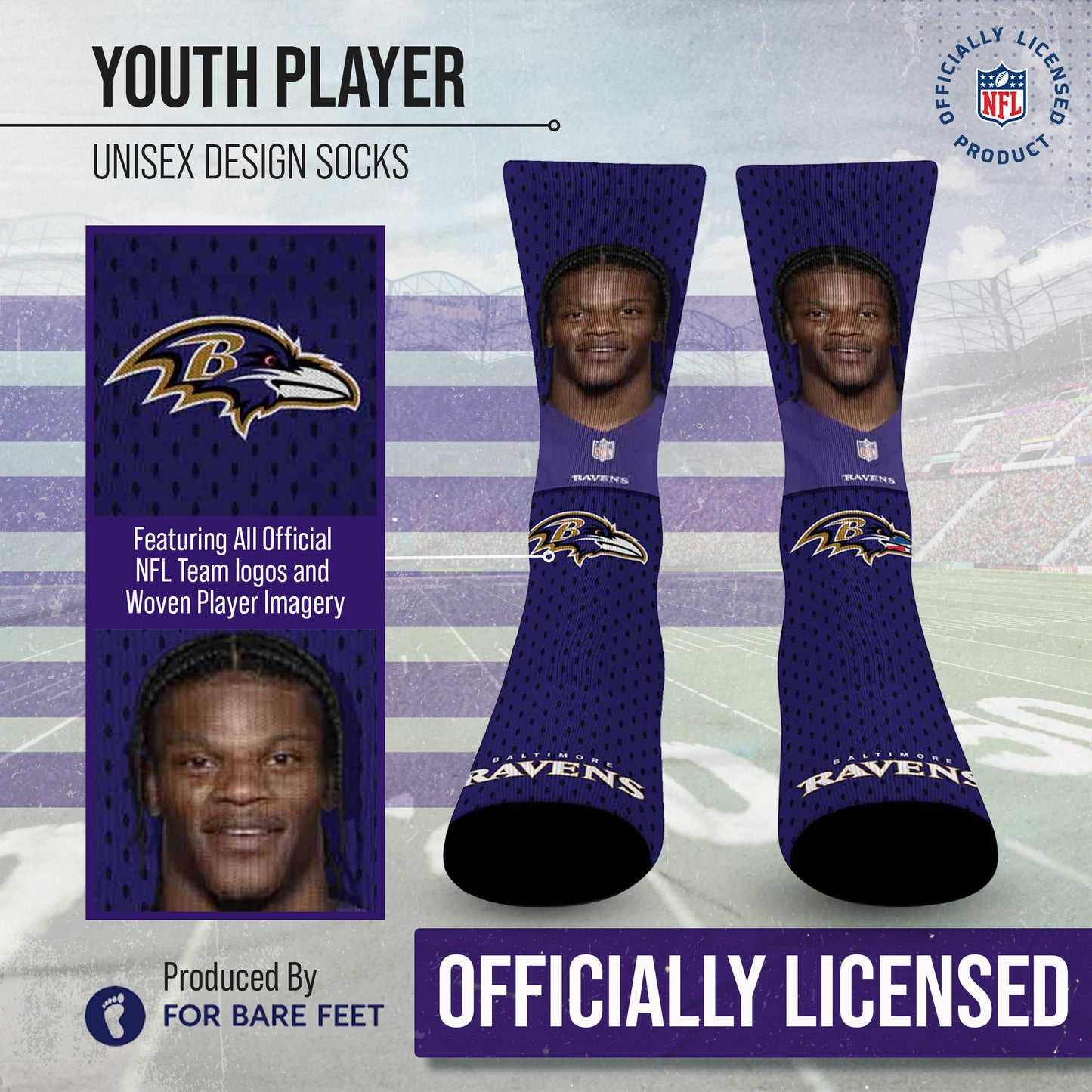 Baltimore Ravens NFL Youth Roster Player Crew Socks - Purple
