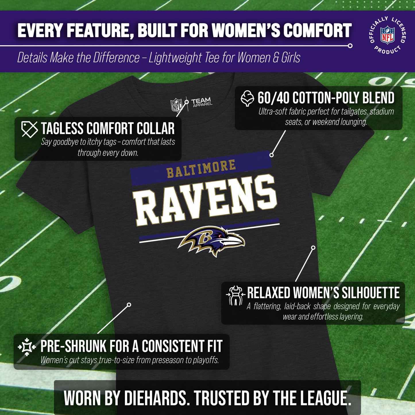 Baltimore Ravens NFL Women's Team Block Charcoal Tagless T-Shirt - Charcoal
