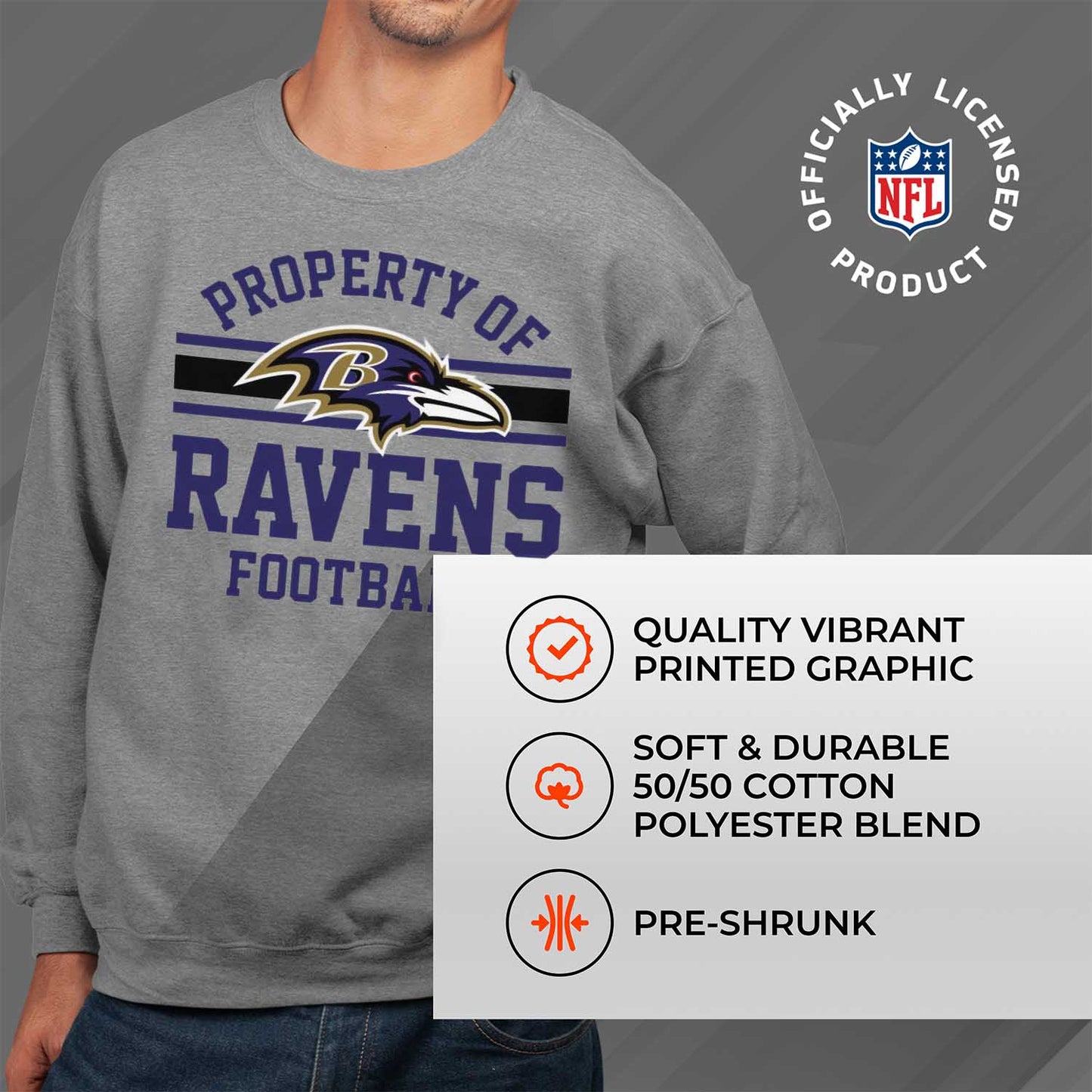 Baltimore Ravens NFL Adult Property Of Crewneck Fleece Sweatshirt - Sport Gray
