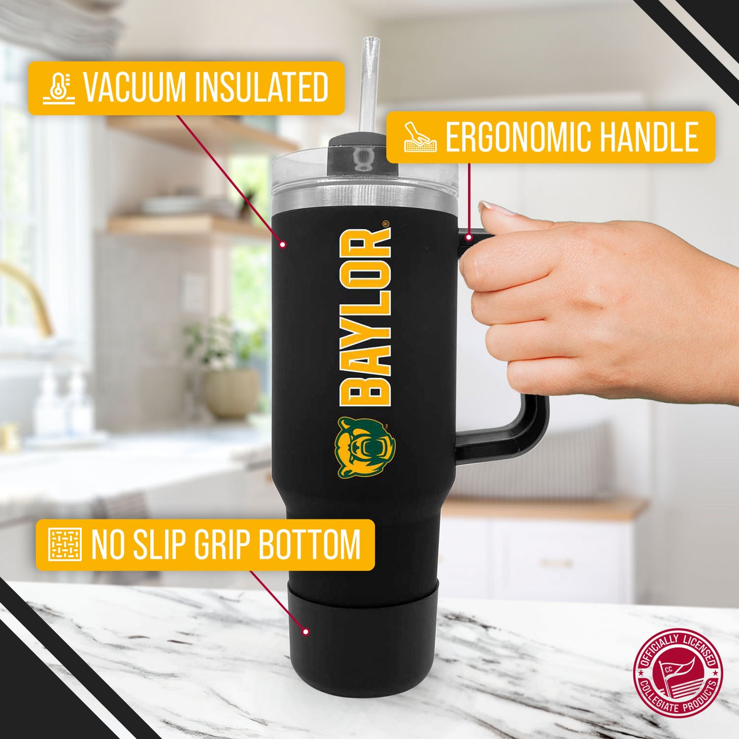 Baylor Bears College & University 40 oz Travel Tumbler With Handle - Black