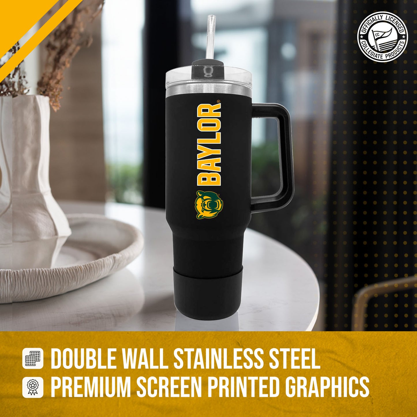 Baylor Bears College & University 40 oz Travel Tumbler With Handle - Black