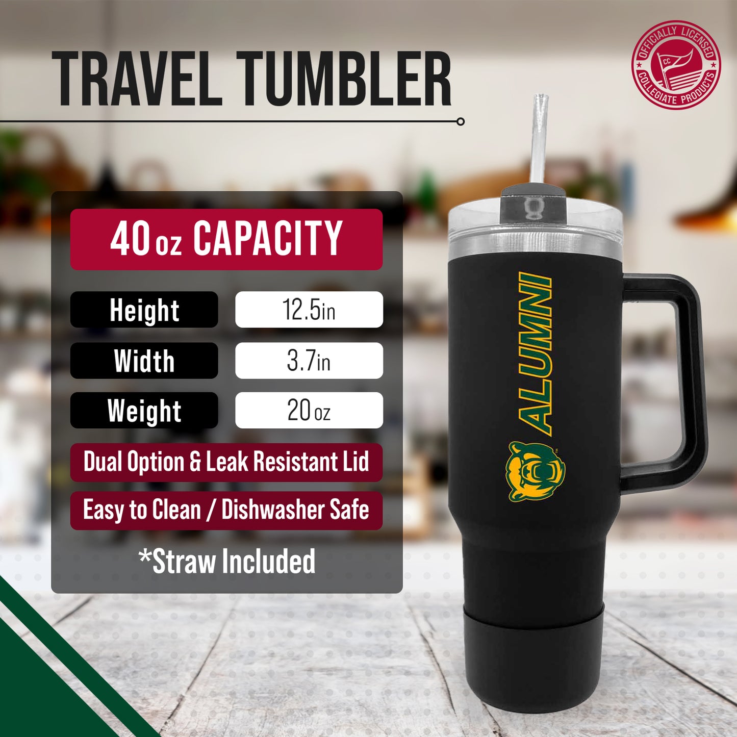 Baylor Bears Collegiate 40oz Stainless Steel Travel Tumbler with Handle for Alumni - Black